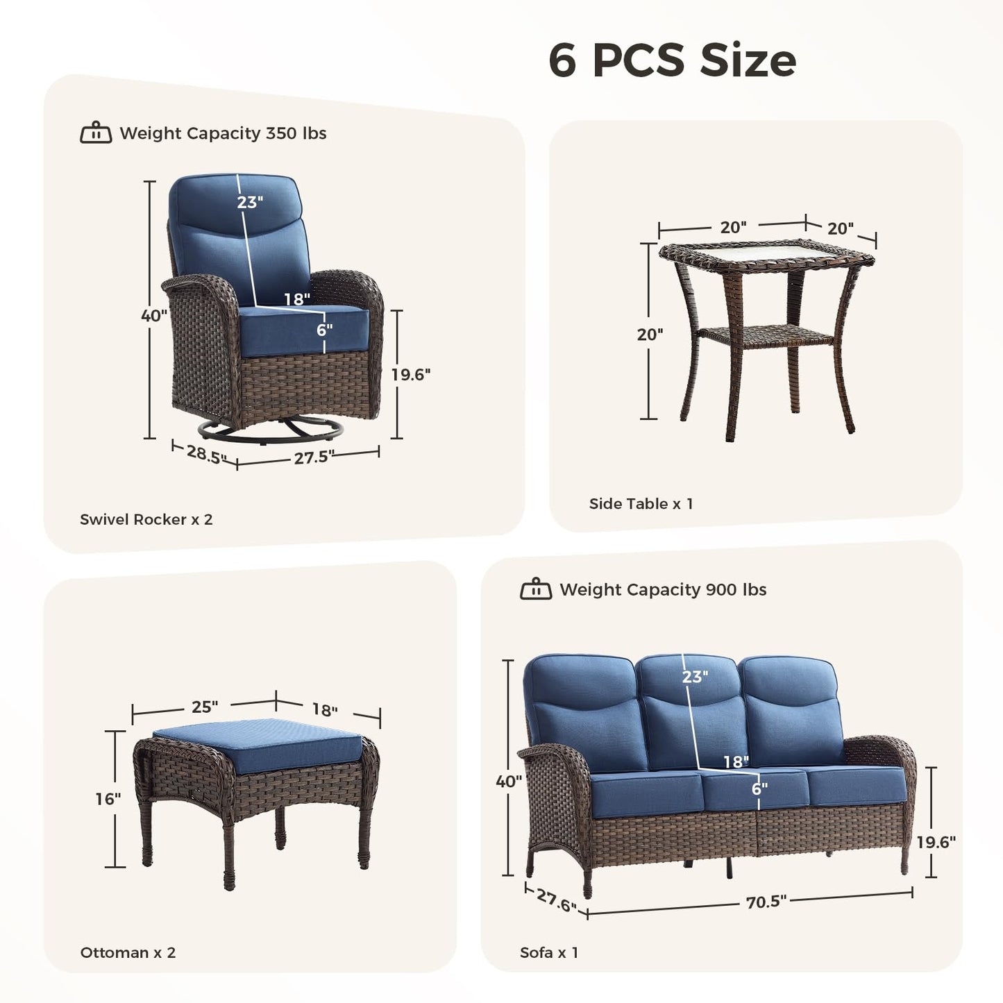 Luxury Patio Furniture Set with 6-inch Thick Cushions, Outdoor Furniture Set with High Back Swivel Chairs, 6 PCS Wicker Outdoor Conversation Set for Porch, Patio, Yard, Deck, Poolside, Brown/Blue