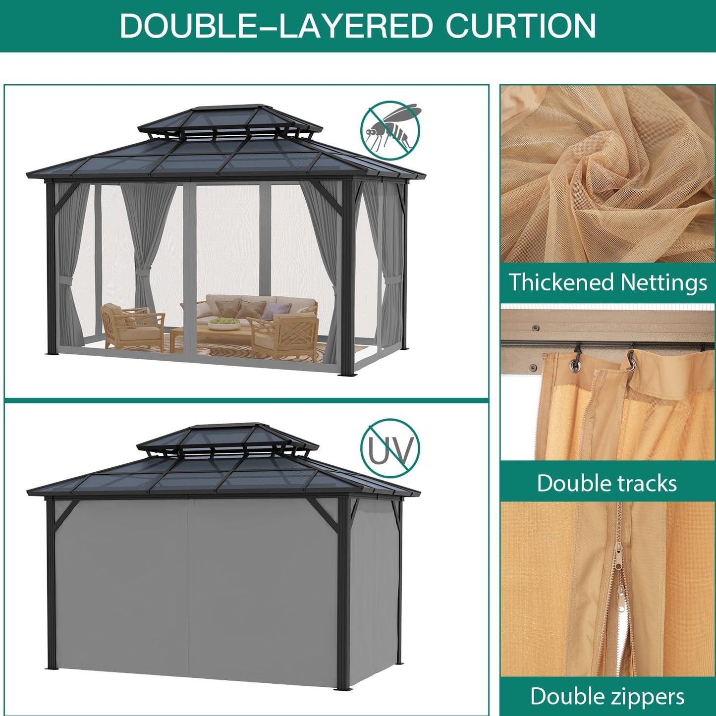 12'x10' Hardtop Gazebo, Aluminum Permanent Pavilion with Polycarbonate Double Roof, Removable Curtains & Mosquito Netting for Patio, Garden, Lawn, Upgrade Your Outdoors: Heavy Duty Hardtop Gazebo