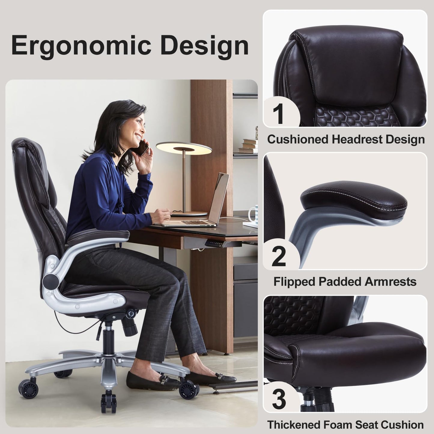 ZLHECTO Big and Tall Office Chair, Ergonomic Desk Chair with Flip-up Arms, PU Leather Office Chair for Home Office, Computer Chair with Adjustable Lumbar Support, Space Saving Executive Task Chair