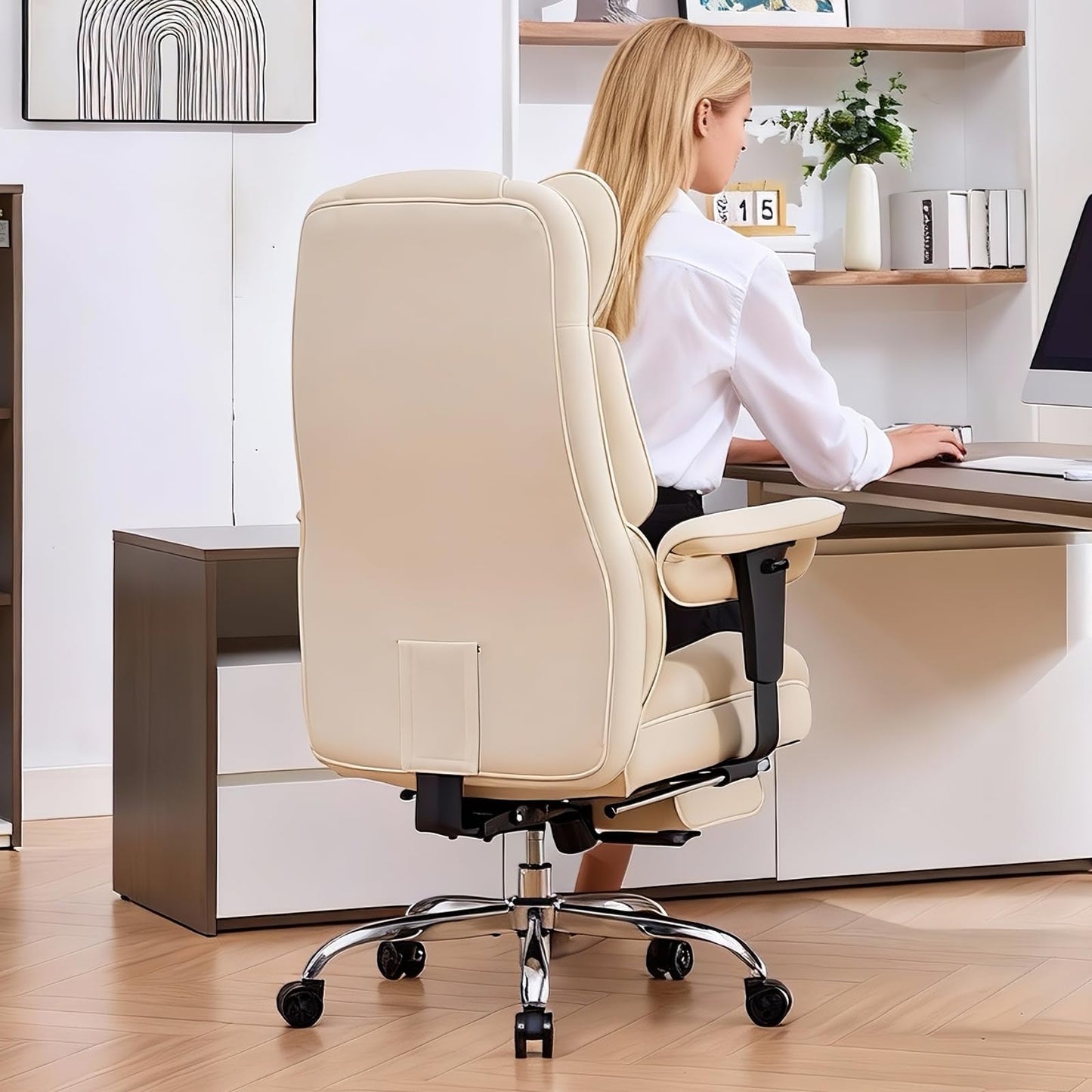 Efomao Big and Tall Office Chair with Footrest - Breathable Mesh Executive Chair, Heavy Duty Computer Desk Chair for Home Office, Ergonomic Lumbar Support & Reclining Mesh Gaming Chair, Beige