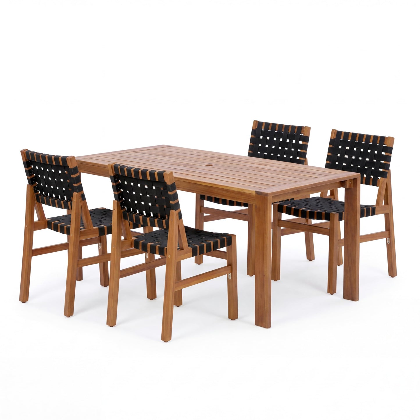 Christopher Knight Home Balew Acacia Wood Patio Dining Set for 4, Solid Wood Outdoor Dining Table Set for 4, 5 Piece Outdoor Dining Set with Rectangular Table and Woven Rope Accents, Teak+Black