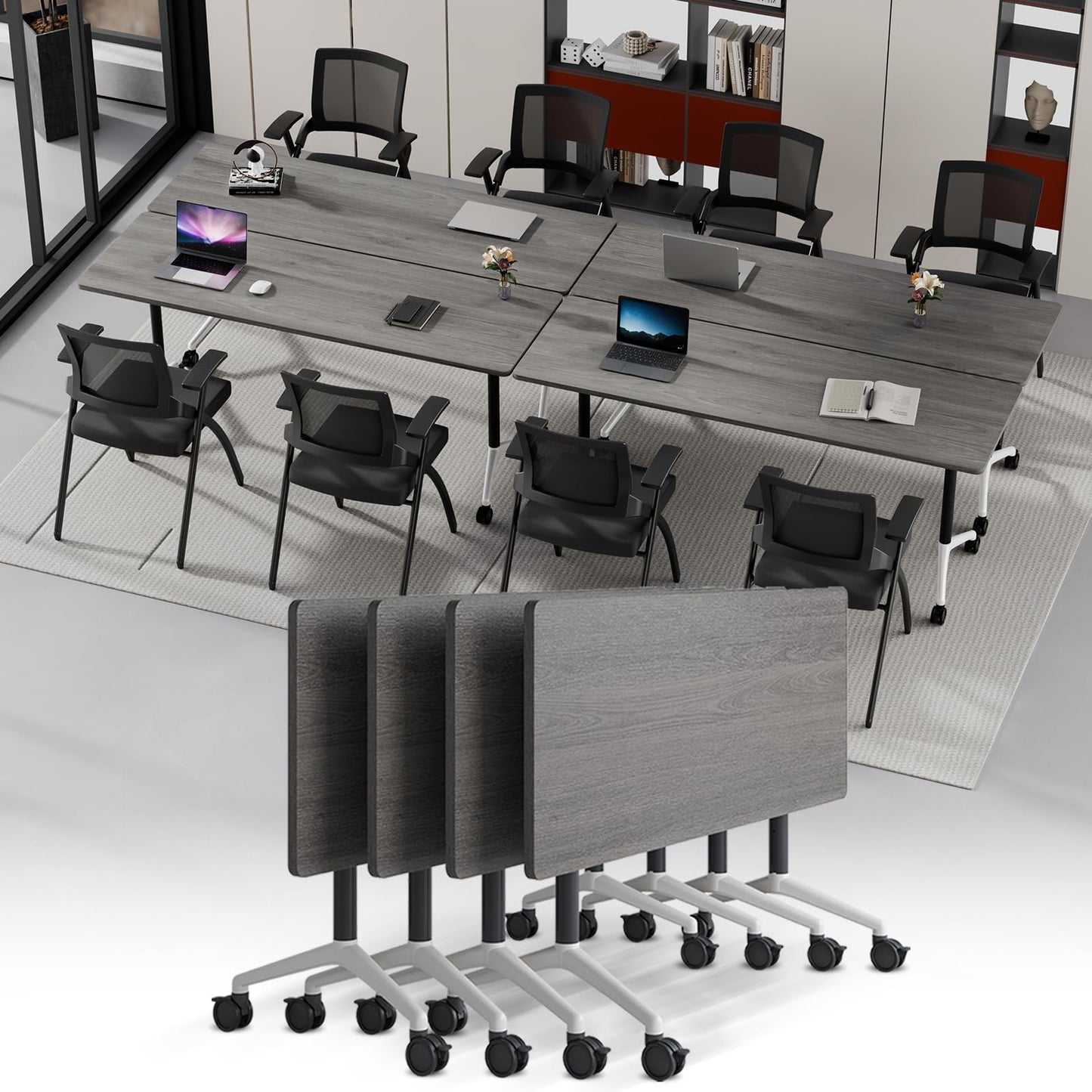 Modular Folding Conference Table with Wheels,4 Pack Mobile Conference Room Tables,Filp Top Rolling Meeting Training Tables for Office,Classroom,Library,Seminar,Boardroom,school(4pack,Grey,47in)