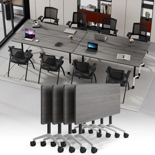 Modular Folding Conference Table with Wheels,4 Pack Mobile Conference Room Tables,Filp Top Rolling Meeting Training Tables for Office,Classroom,Library,Seminar,Boardroom,school(4pack,Grey,47in)