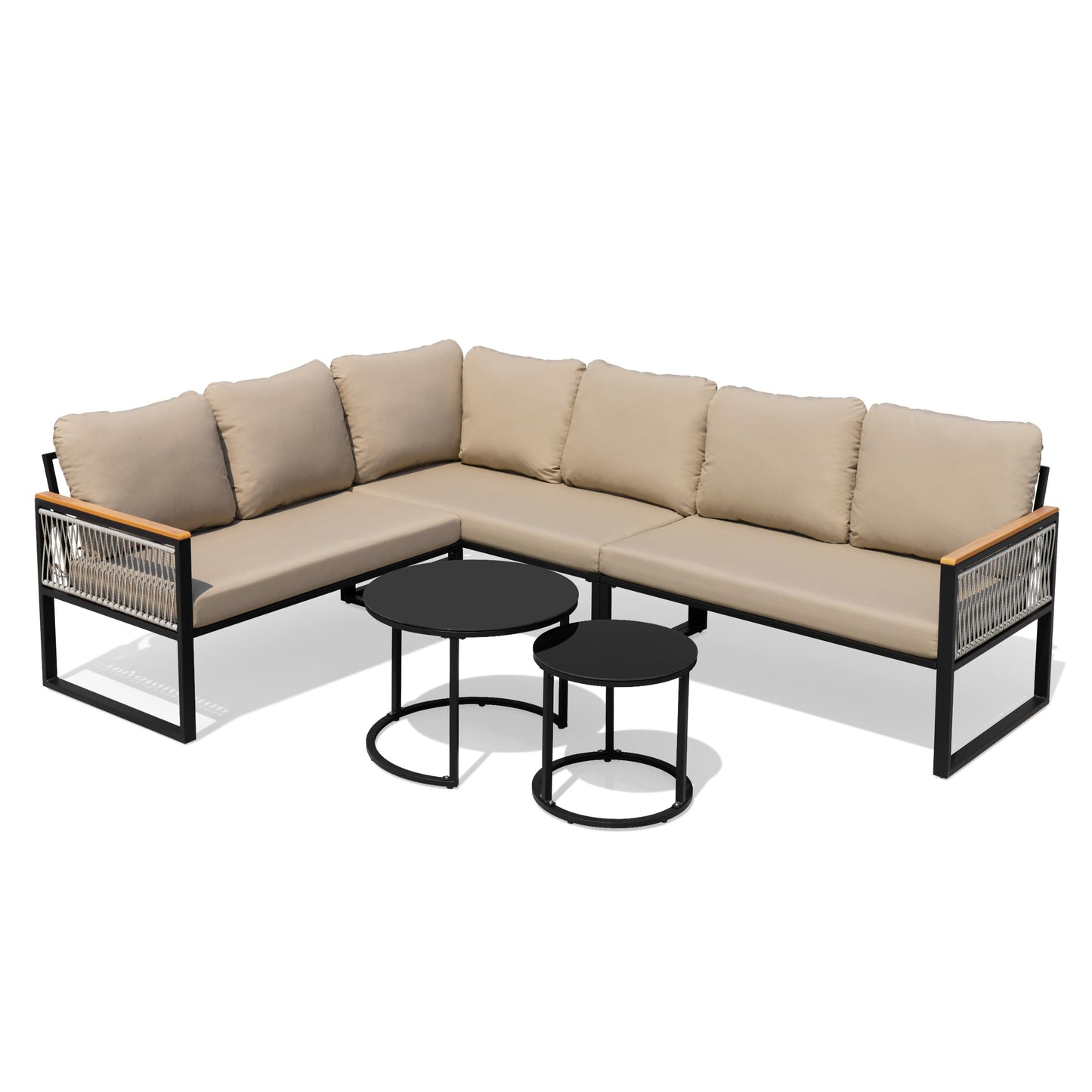 Crestlive 6 Piece Patio Furniture Set, Modern L-Shaped Outdoor Sectional Sofa with Nesting Tables, 4 Inch Thick Cushion, All Weather Resistant Outdoor Furniture Set for Backyard Patio Garden