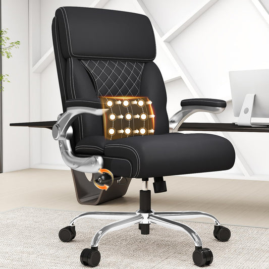 Ergonomic Leather Office Chair with Adjustable Lumbar Support, Flip-Up Armrests Desk Computer Chair, Swivel PC Chair with Rocking Function