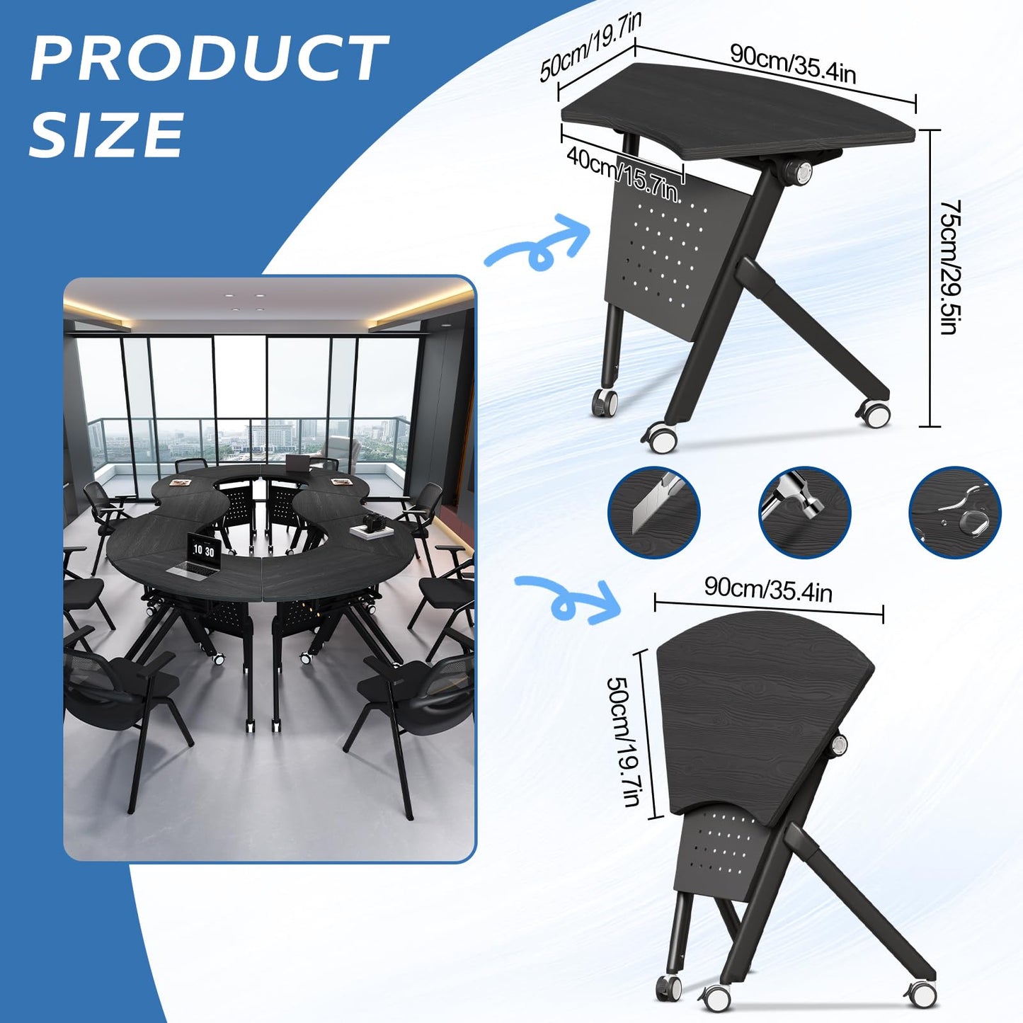 JFazzruit Folding Conference Table,Fan-Shaped Conference Room Tables with Wheels, Mobile Modular Seminar Meeting Desk for Classrooms,Office & Seminar (6, Fan-Black)