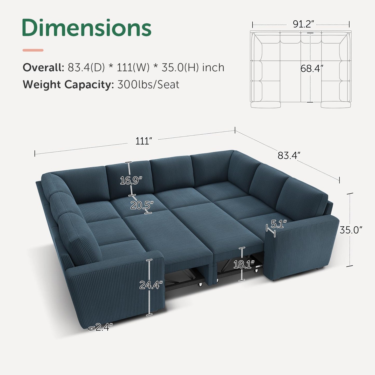 HONBAY Modular Sectional Couch with Pull Out Bed, Corduroy Sleeper Sofa with Storage Seats, U Shaped Sectional Couches for Living Room, Blue