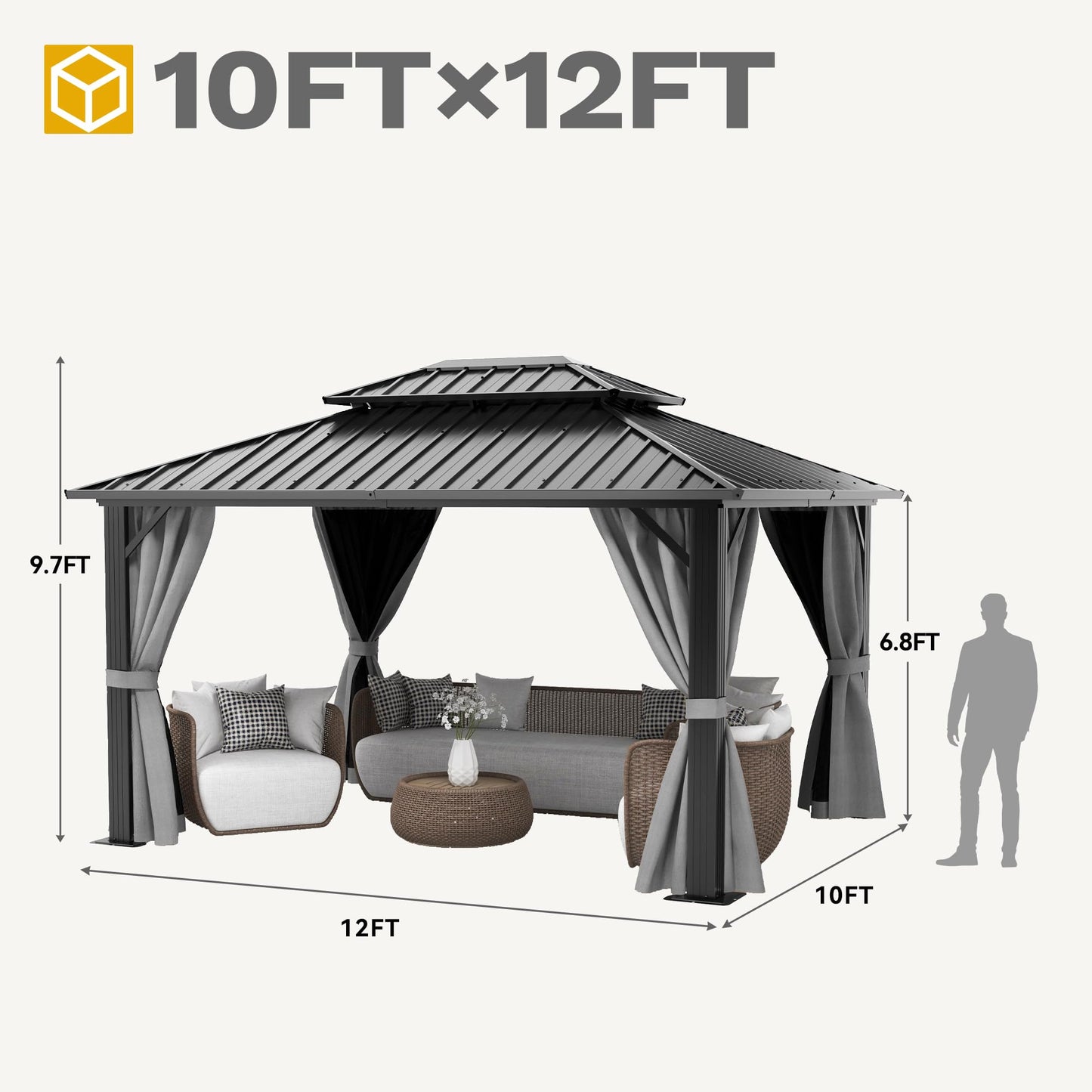 DWVO 10x12ft Hardtop Gazebo Double Roof with Nettings and Curtains, Heavy Duty Galvanized Steel Outdoor Vertical Stripes Roof for Patio, Backyard, Deck, Lawns, Grey