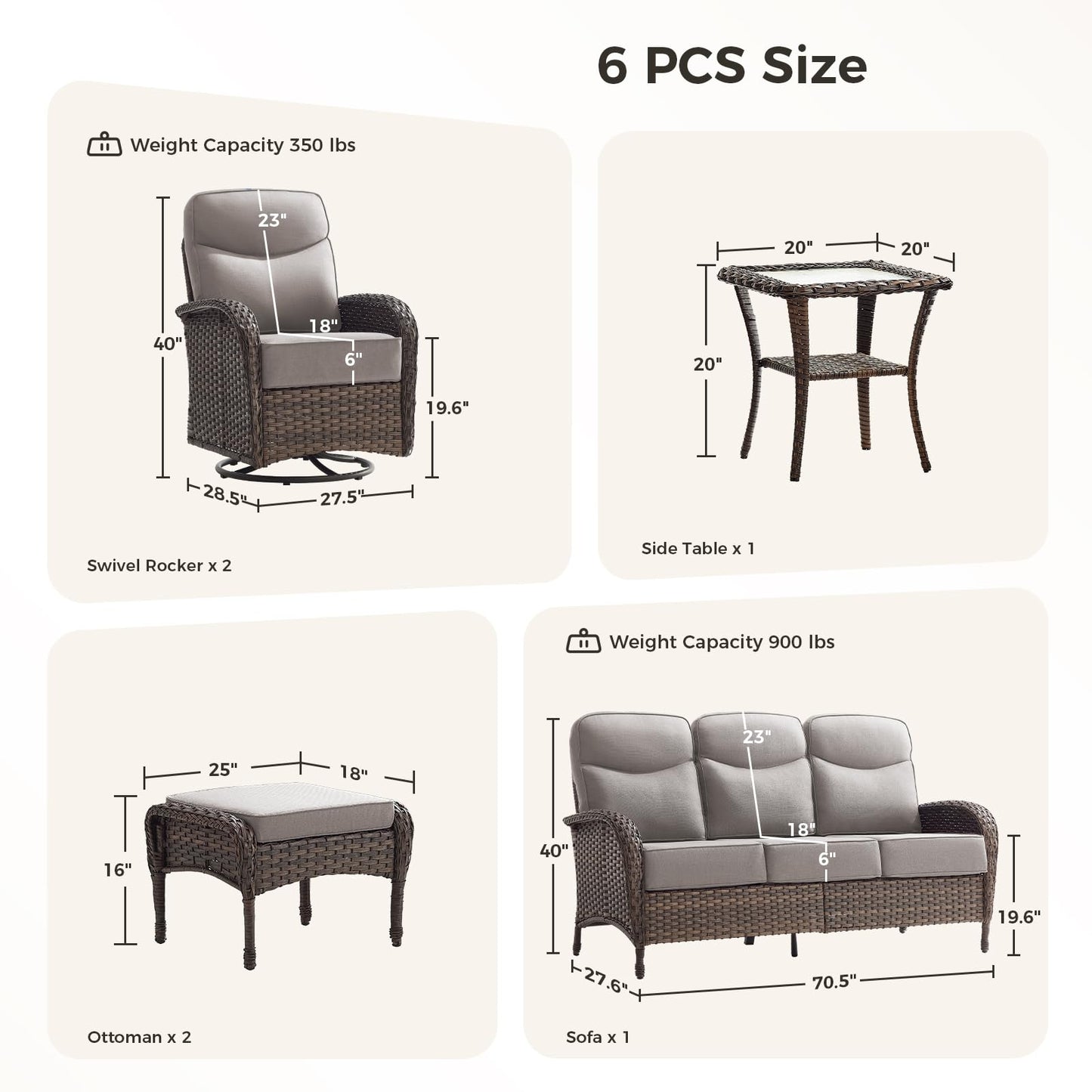 Luxury Patio Furniture Set with 6-inch Thick Cushions, Outdoor Furniture Set with High Back Swivel Chairs, 6 PCS Wicker Outdoor Conversation Set for Porch, Patio, Yard, Deck, Poolside, Brown/Beige