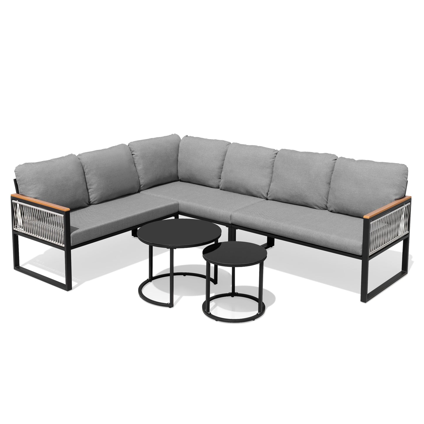 Crestlive 6 Piece Patio Furniture Set, Modern L-Shaped Outdoor Sectional Sofa with Nesting Tables, 4 Inch Thick Cushion, All Weather Resistant Outdoor Furniture Set for Backyard Patio Garden