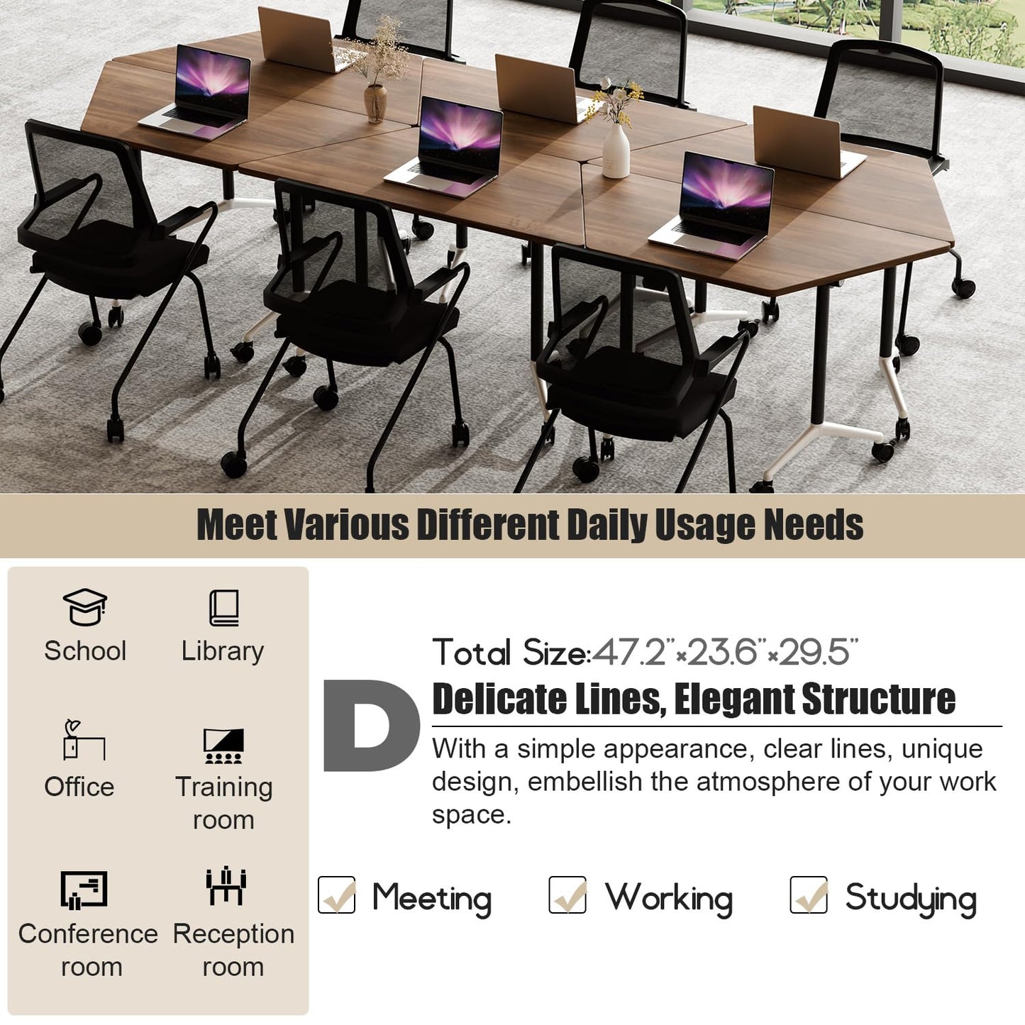 Folding Conference Room Tables Modular Office Conference Table,Mobile Training Table Rolling Seminar Tables with Wheels,Easy to Assemble,Modern Flip Top Meeting Seminar Table for Office,classr (10)