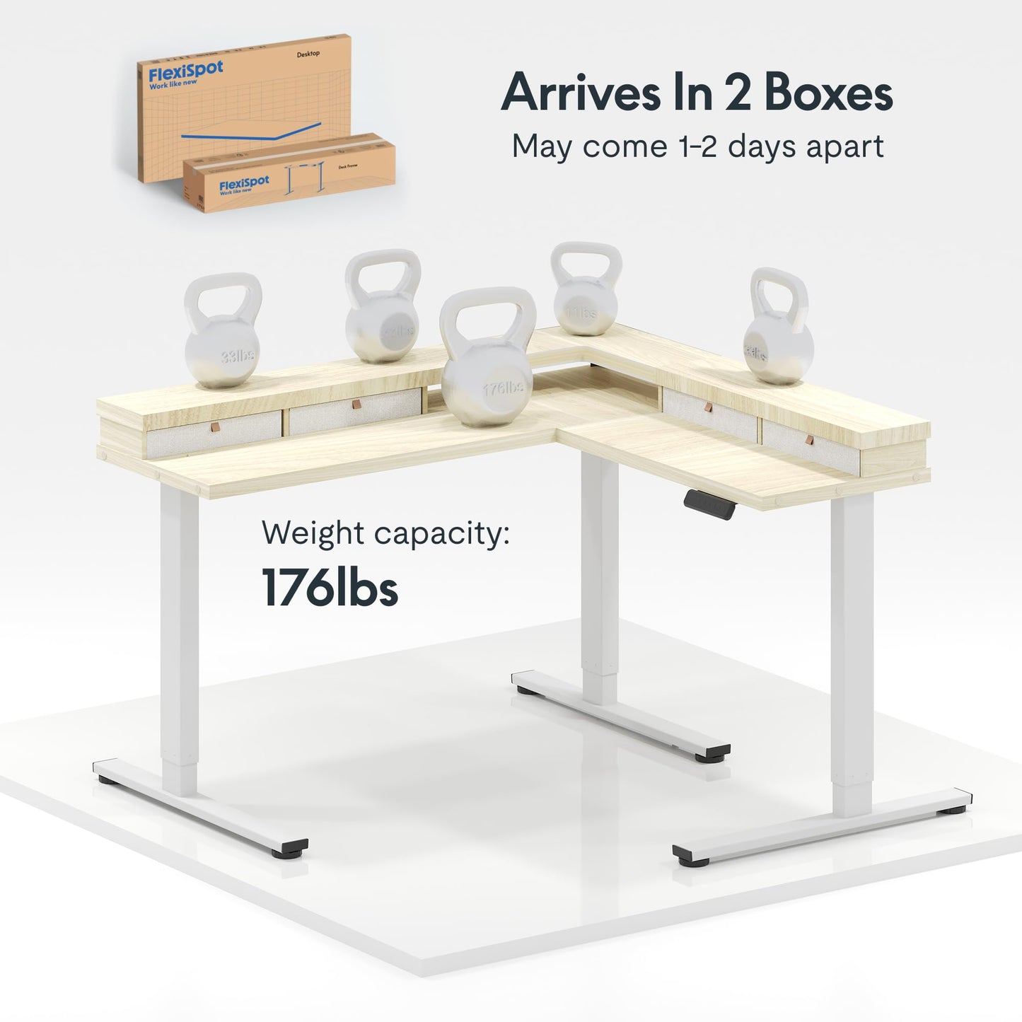 FLEXISPOT 63" L Shaped Standing Desk with Shelf Electric Corner Table, Drawers, Adjustable Computer Workstation for Home, Office, 63x55in, Light Maple Top + White Frame