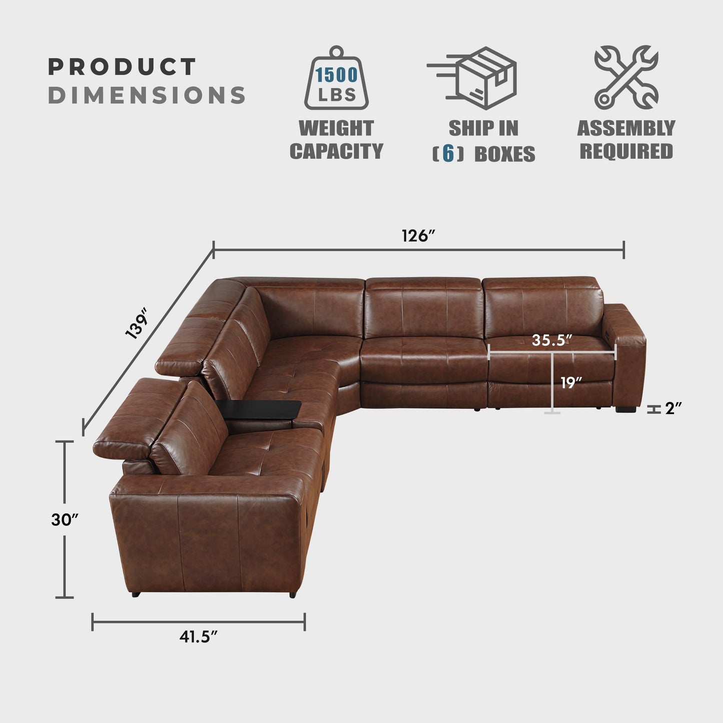 Lexicon Sectional Couches for Living Room-Modular Sectional Sofa, 5 Seater L Shaped Couch, Storage Console, Power Headrests, Charging Ports, 3 Wall Hugger Recliner Seats, Top Grain Leather Brown
