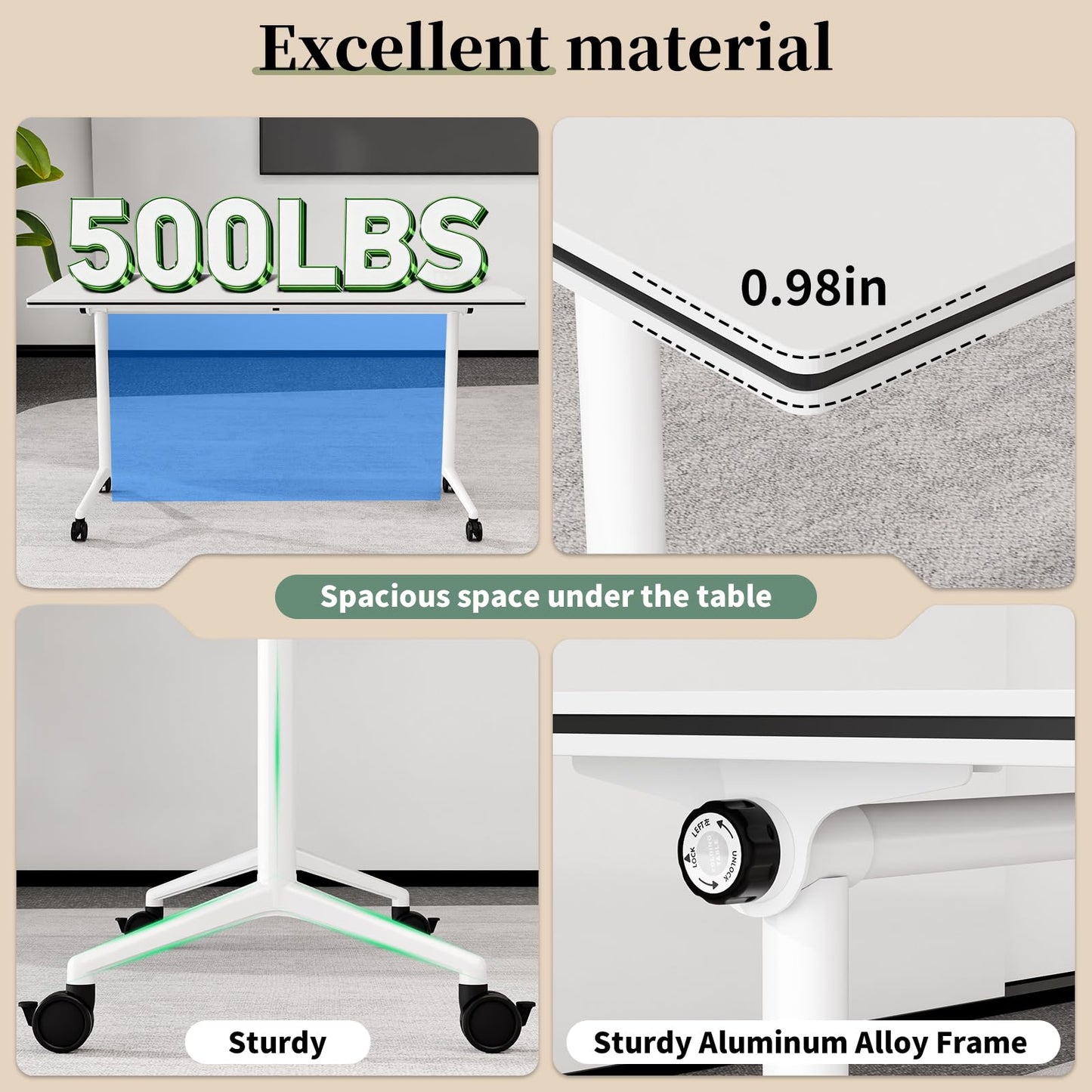 Modular Folding Conference Table with Wheels,2 Pack Mobile Conference Room Tables,Filp Top Rolling Meeting Training Tables for Office,Classroom,Library,Seminar,Boardroom,school(2pack,White,47in)