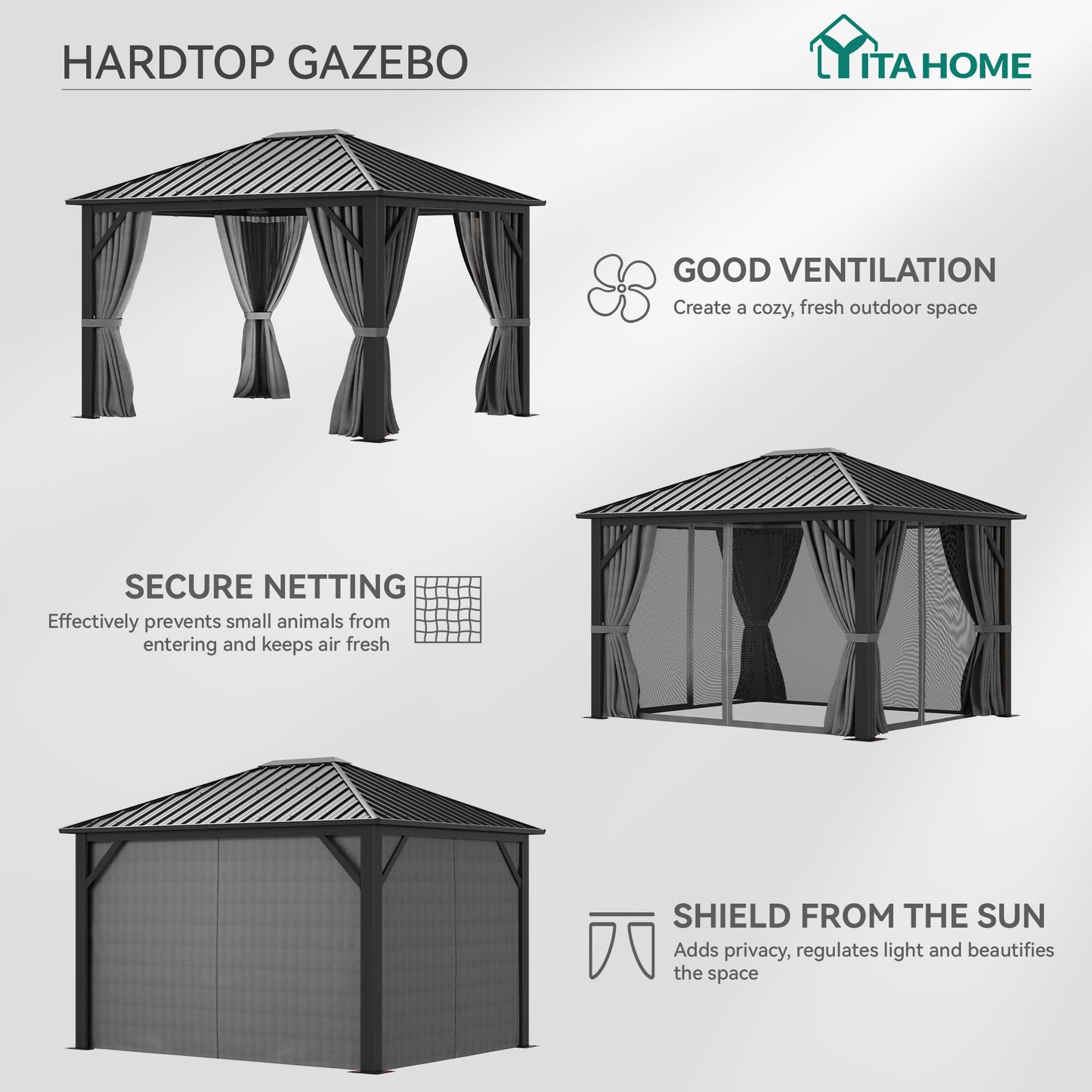 YITAHOME 10'X12' Single Hardtop Gazebo Metal Outdoor Patio Galvanized Iron Aluminum Column Garden Tent Curtains Netting for Backyards Decks Lawns,Gray
