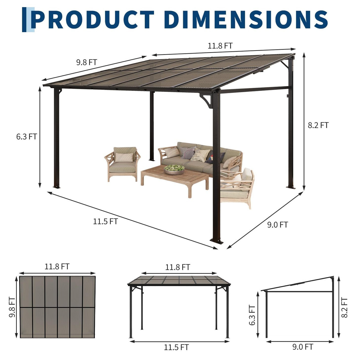 10x12 ft Wall-Mounted Lean-to Gazebo, Outdoor Patio Cover Awning with Heavy-Duty Aluminum Frame & UV-Resistant Polycarbonate Roof, All-Weather Hardtop Canopy for Deck, Yard & Parties