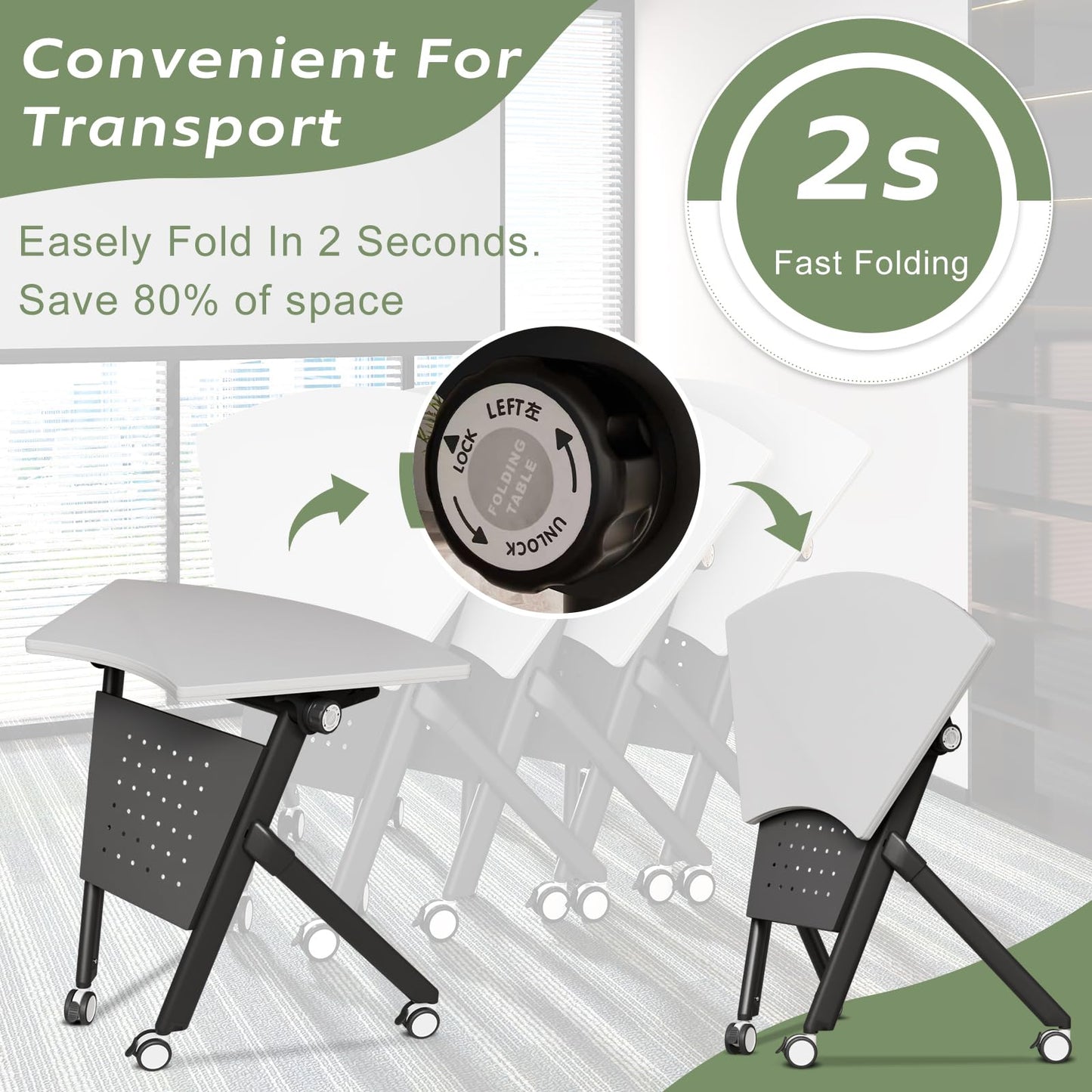 JFazzruit Folding Conference Table,Fan-Shaped Conference Room Tables with Wheels, Mobile Modular Seminar Meeting Desk for Classrooms,Office & Seminar (6, Fan-White)