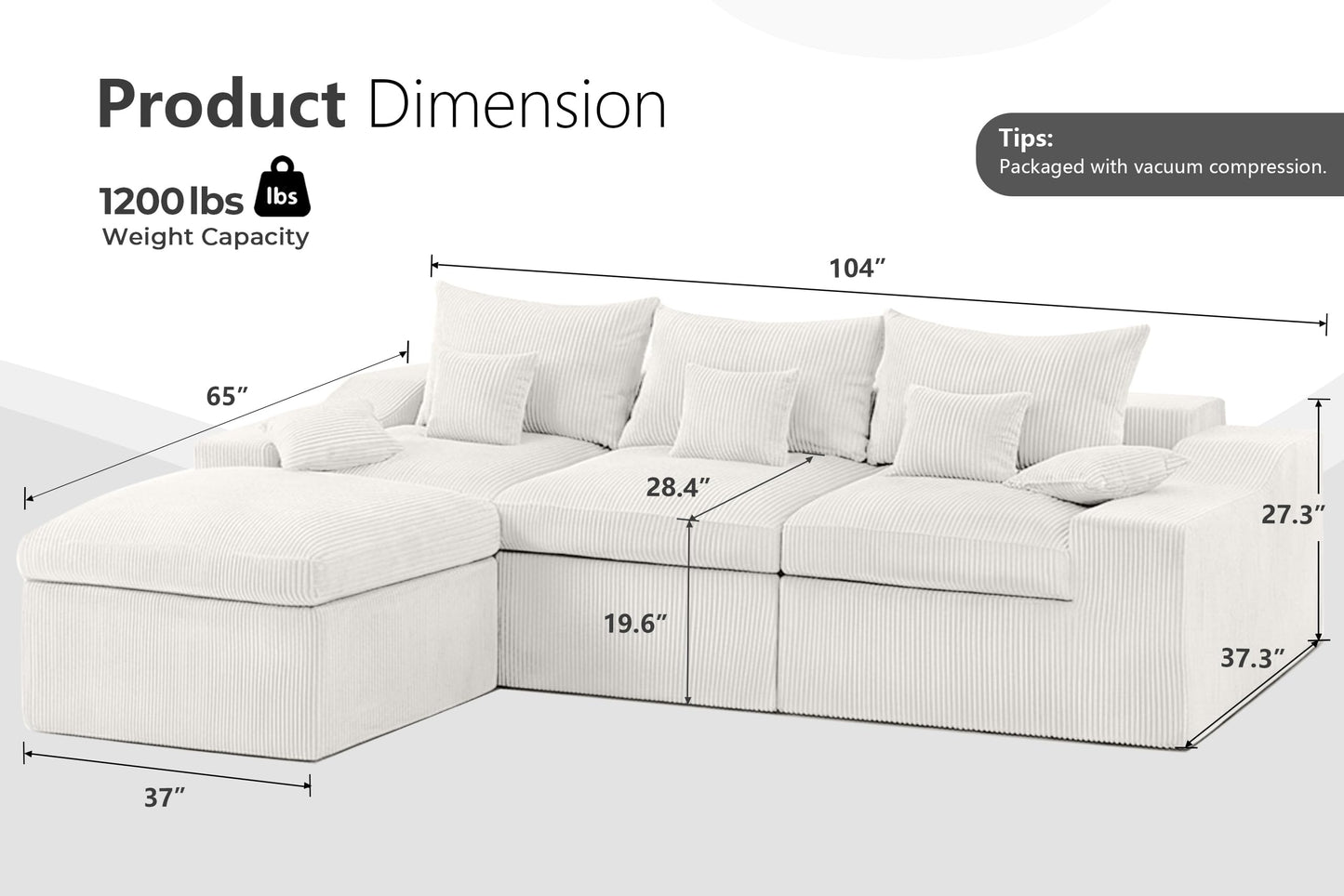 HABUTWAY 104" L Shaped Cloud Sectional Couch, Boneless Modular Sectional Sofa with Deep Seat, Corduroy Couches for Living Room, Modular Couch, No Assembly Required (Beige)