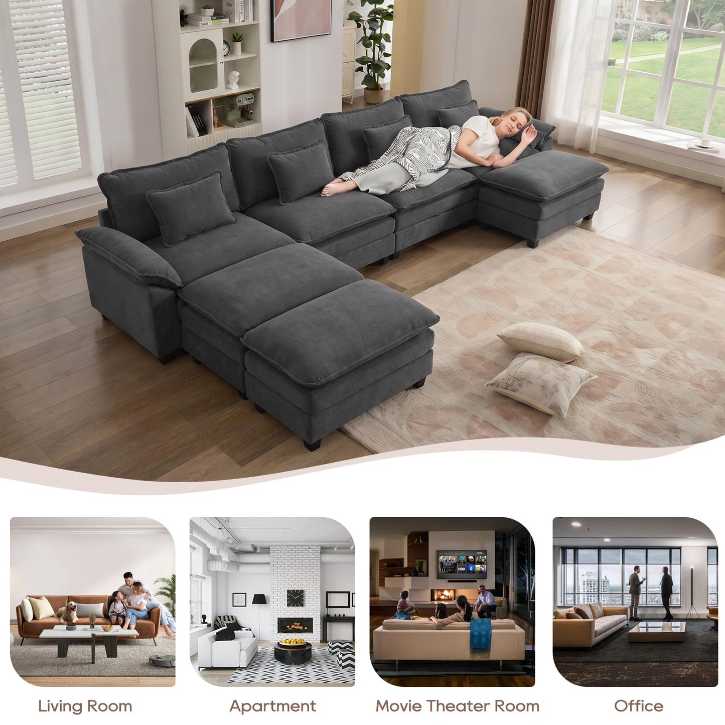 IPKIG 154" Modular Sectional Sofa, Velvet C-Shaped Sectional Couch Comfy Upholstered Seat Sofa with Ottoman, Deep Seat Cloud Couch Sofa for Living Room, Dark Grey