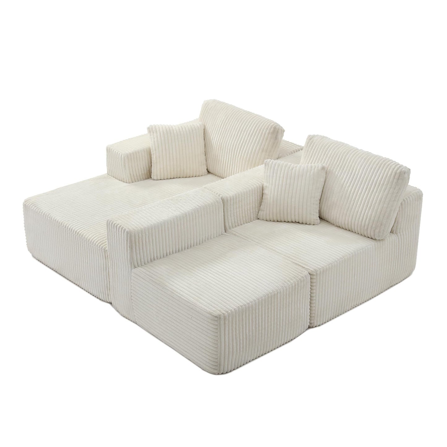 109" Modular L-Shaped Corner Cloud Sofa Corduroy Modular Couches with Deep Seat, 3 Pieces Compressed Boneless Sofa W/Right Chaise Lounge and 4 Pillows for Living Room