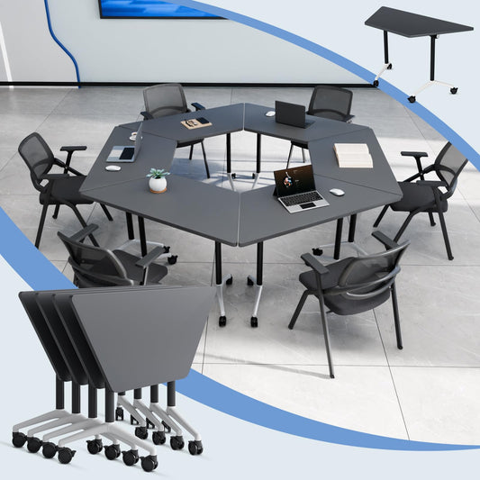 4 Pack Folding Conference Table,T-Shaped Conference Room Tables with Wheels, 47.2 in Modern Conference Table,Mobile Modular Seminar Meeting Desk for Classrooms,Office & Seminar (4, Dark Gray)