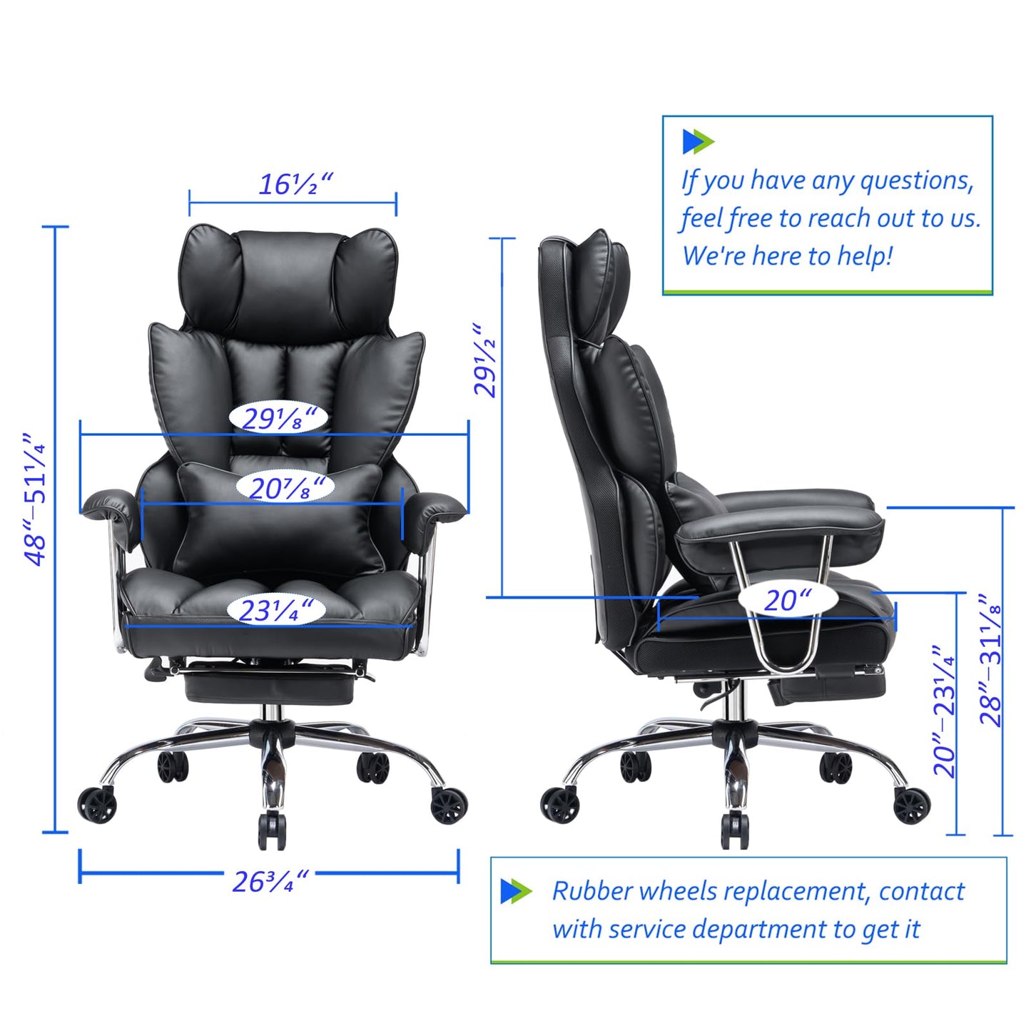 Efomao Big and Tall Office Chair with Foot Rest 400LBS, PU Leather Computer Chair, Heavy Duty Executive Office Chair with Lumbar Support, Black Home Office Chairs
