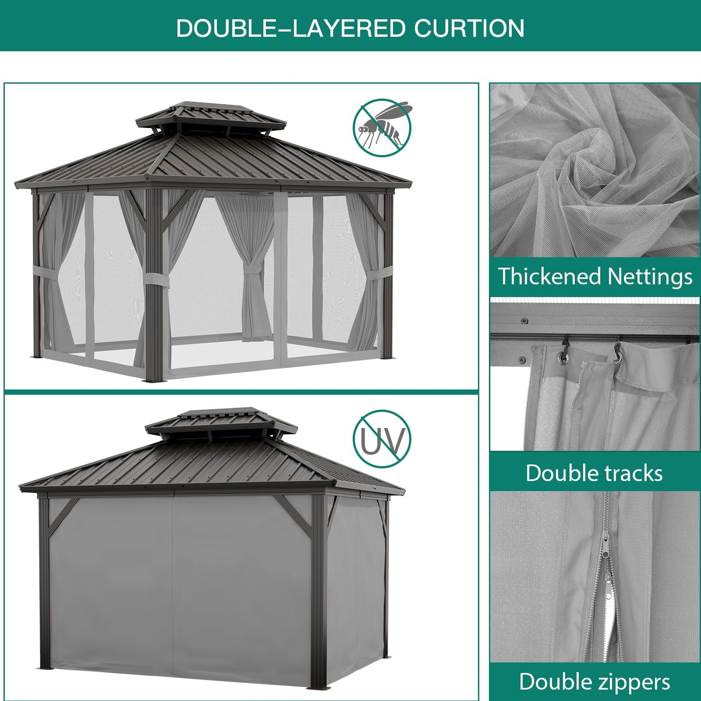 12' x 10' Hardtop Gazebo with Curtains and Netting, Permanent Outdoor Patio Gazebo with Aluminum Frame and Double Polycarbonate Roof for Backyard, Lawn, Deck and Garden