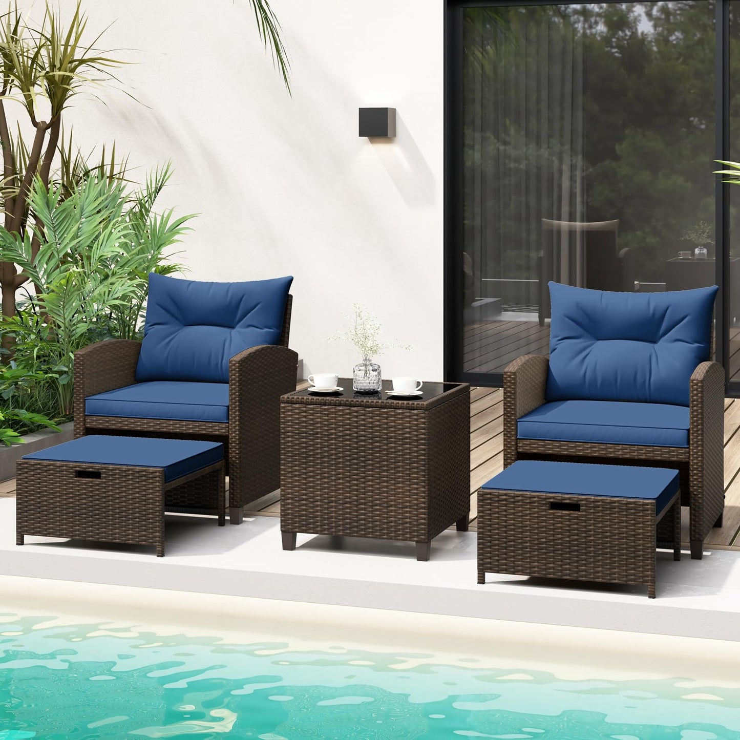 Tangkula 5 Pieces Patio Conversation Set, PE Wicker Rattan Outdoor Furniture Set with 2 Chairs, 2 Ottomans & Tempered Glass Coffee Table, Ideal for Poolside, Backyard, Lawn, Deck, Mix Brown & Navy