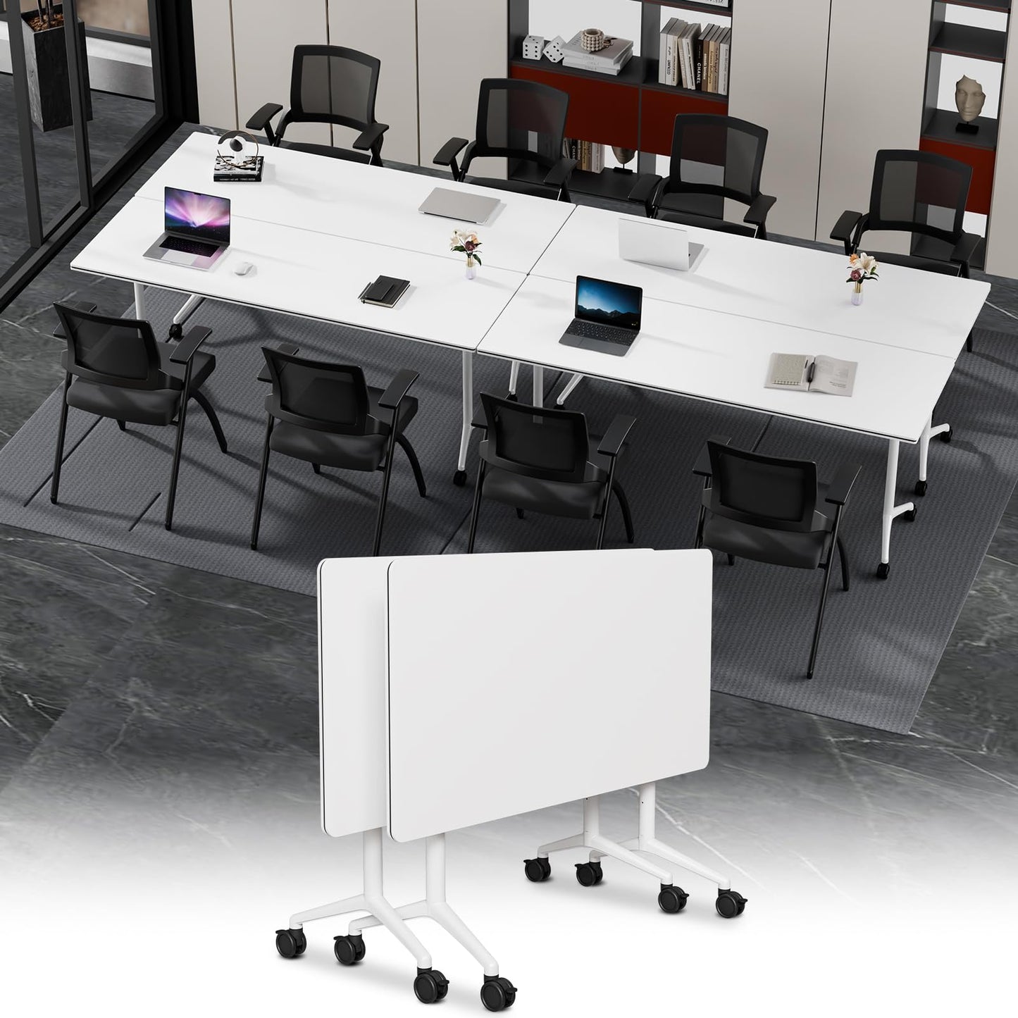 Modular Folding Conference Table with Wheels,2 Pack Mobile Conference Room Tables,Filp Top Rolling Meeting Training Tables for Office,Classroom,Library,Seminar,Boardroom,school(2pack,White,47in)