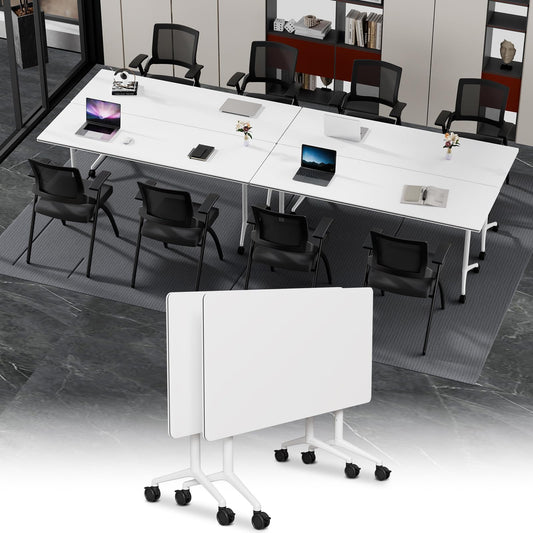 Modular Folding Conference Table with Wheels,2 Pack Mobile Conference Room Tables,Filp Top Rolling Meeting Training Tables for Office,Classroom,Library,Seminar,Boardroom,school(2pack,White,47in)