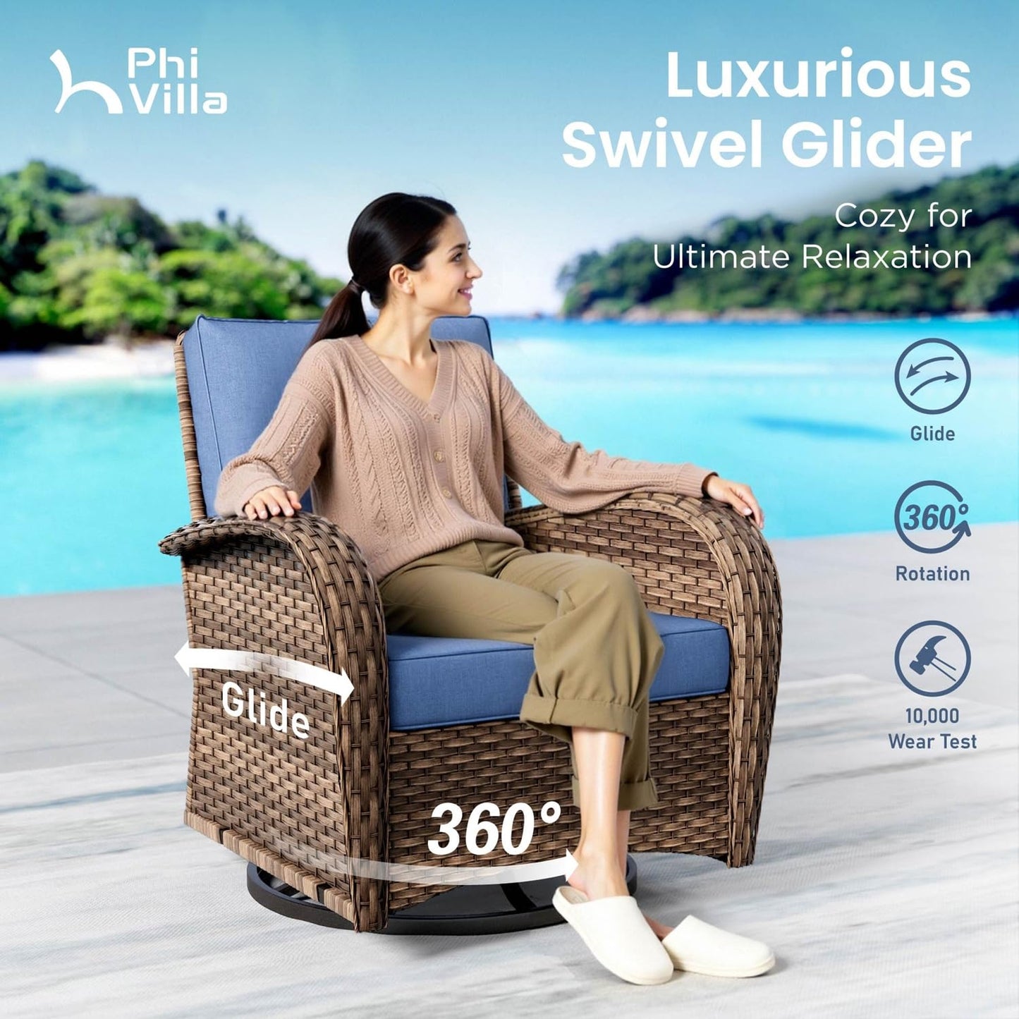 PHI VILLA Patio Furniture Set, 6 Pieces Wicker Outdoor Conversation Set with 2 High Back Patio Swivel Chairs, 3-Seat Rattan Patio Sofa Couch, 2 Muti-Functional Ottomans (Navy Blue Cushions)