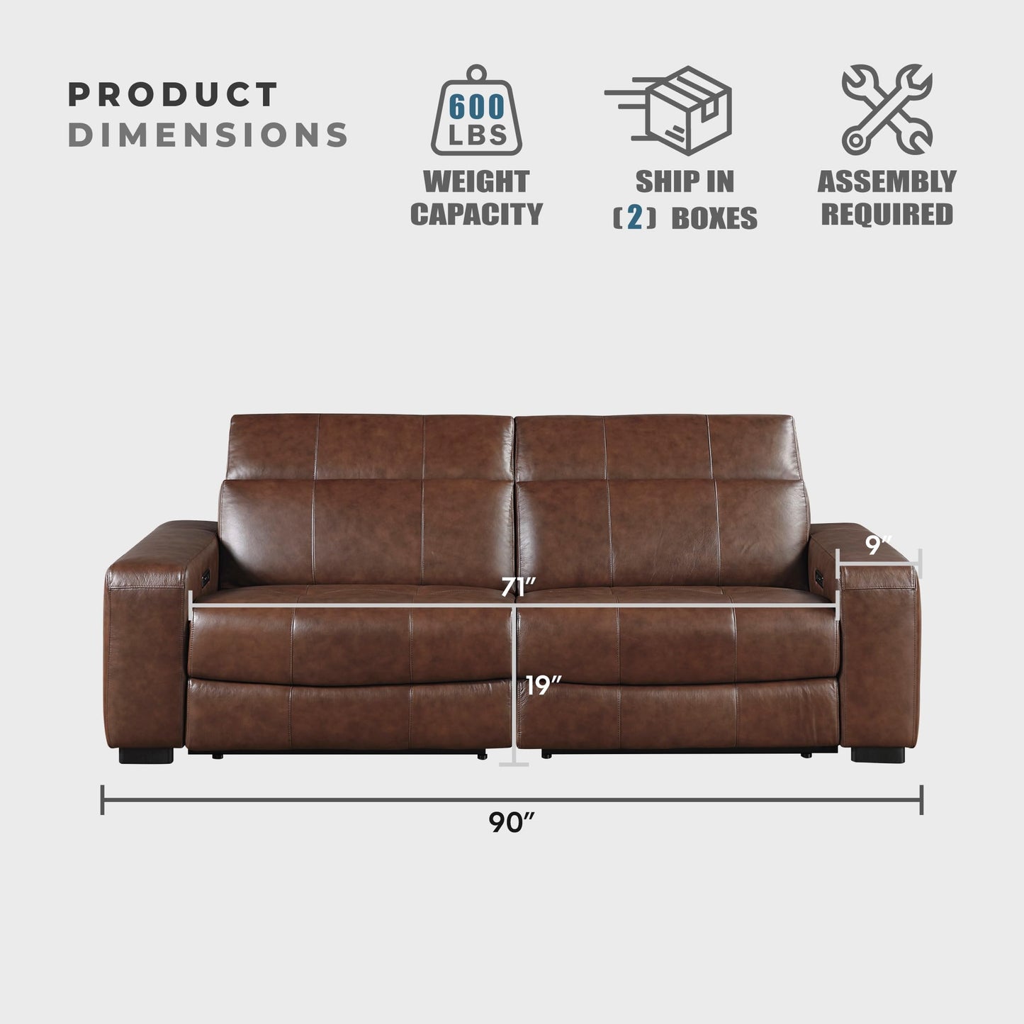 Lexicon Sectional Couches for Living Room-Modular Sectional Sofa, Power Double Reclining Loveseat, Power Headrests, Charging Ports, 2 Seater Recliner Couch, Top Grain Leather Brown