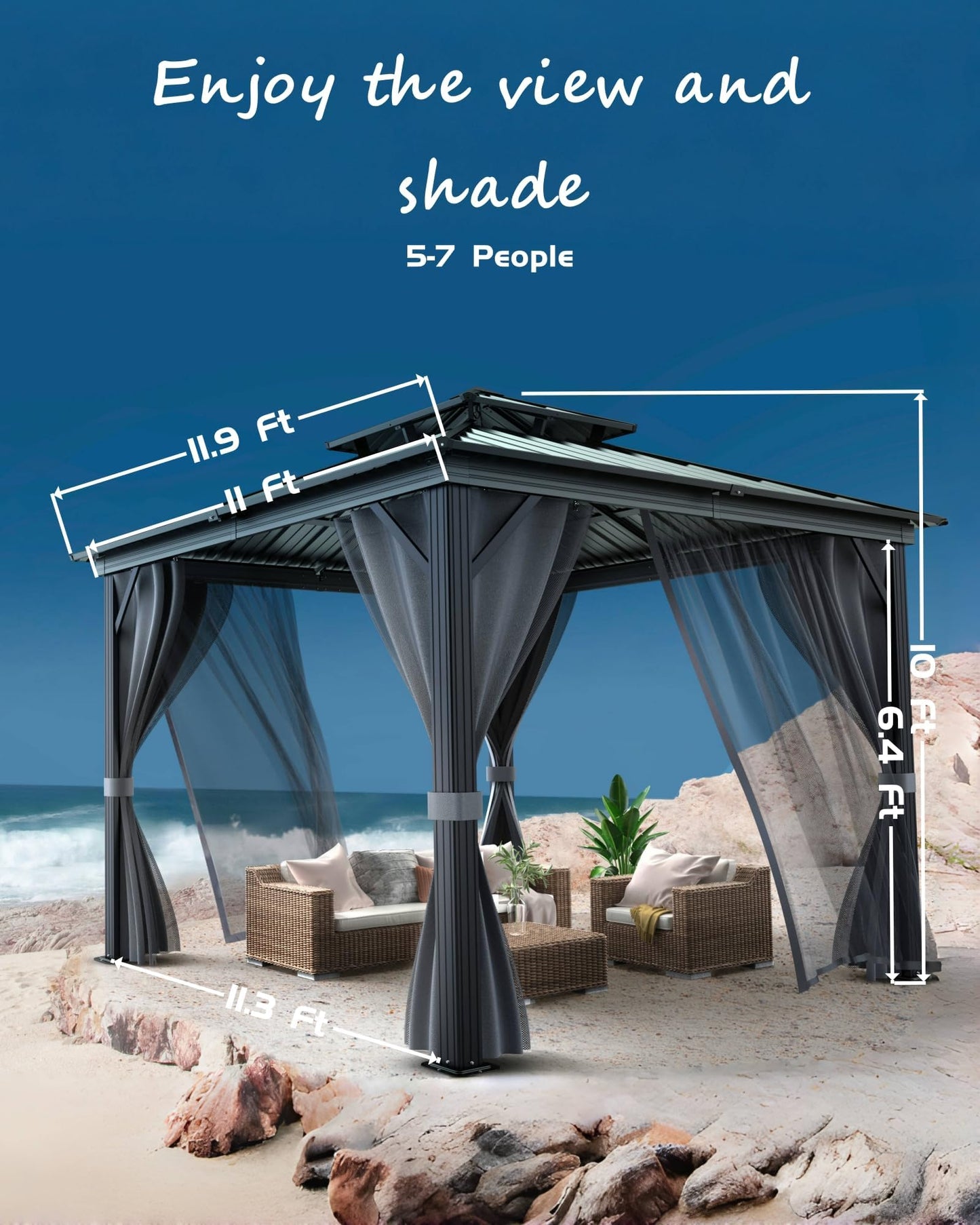 12x12FT Hardtop Gazebo, Heavy-Duty Aluminum Frame Canopy with Galvanized Steel Double Roof, Outdoor Pergola with Mosquito Netting & Waterproof Curtains for Patio, Backyard, Deck & Lawn