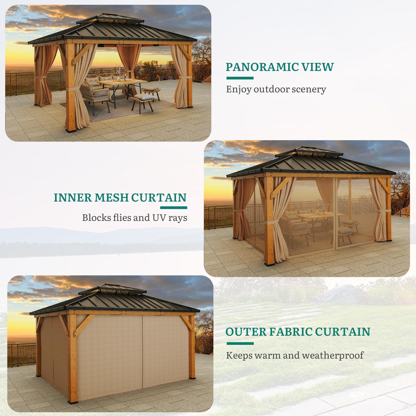 YITAHOME 13x15ft Wood Gazebo Outdoor Wooden Frame Double Roof Hardtop Galvanized Steel Top Canopy w/Curtain and Netting, Patio Heavy Duty Gazebo for Deck, Backyard, Beige Yellow