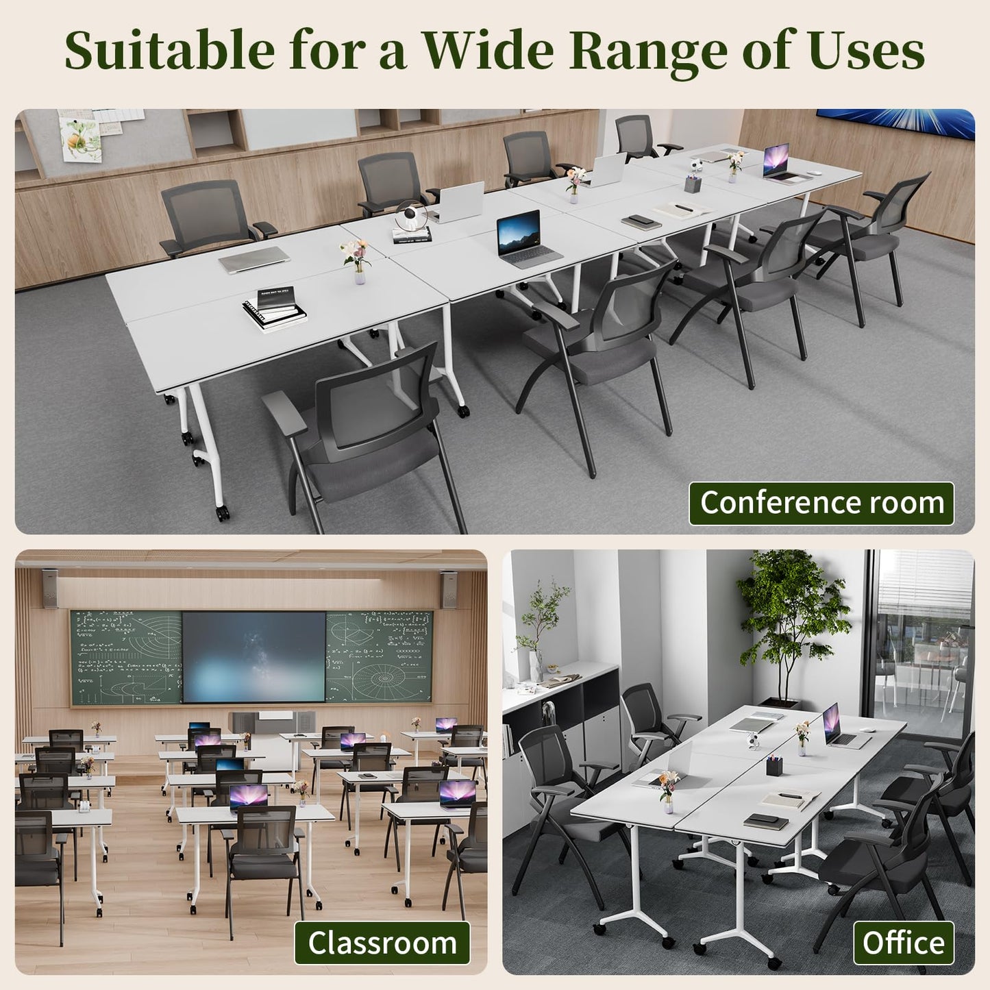 Modular Folding Conference Table with Wheels,8 Pack Mobile Conference Room Tables,Filp Top Rolling Meeting Training Tables for Office,Classroom,Library,Seminar,Boardroom,school(8pack,White,47in)