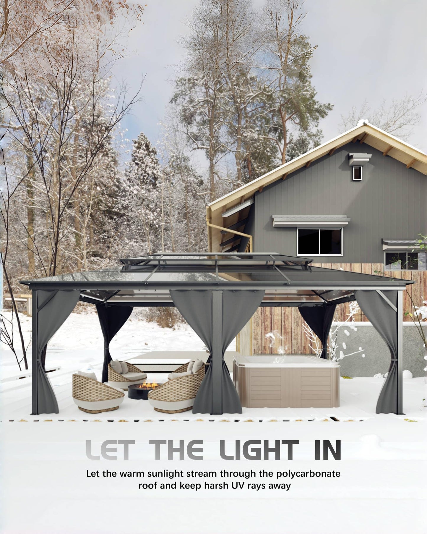 12'X20' Hardtop Gazebo, All-Weather Aluminum Frame Outdoor Canopy with Double Polycarbonate Roof, Permanent Outdoor Gazebo with Netting & Curtains for Garden, Lawns, Patio, Grey.