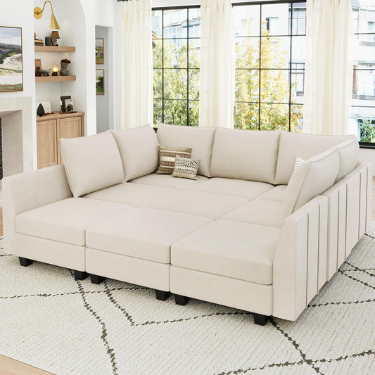 Belffin Large Modular Sectional Sofa Sleeper Couch with Storage Velvet Sectional Sofa Bed for Living Room, 9 Seats, Beige