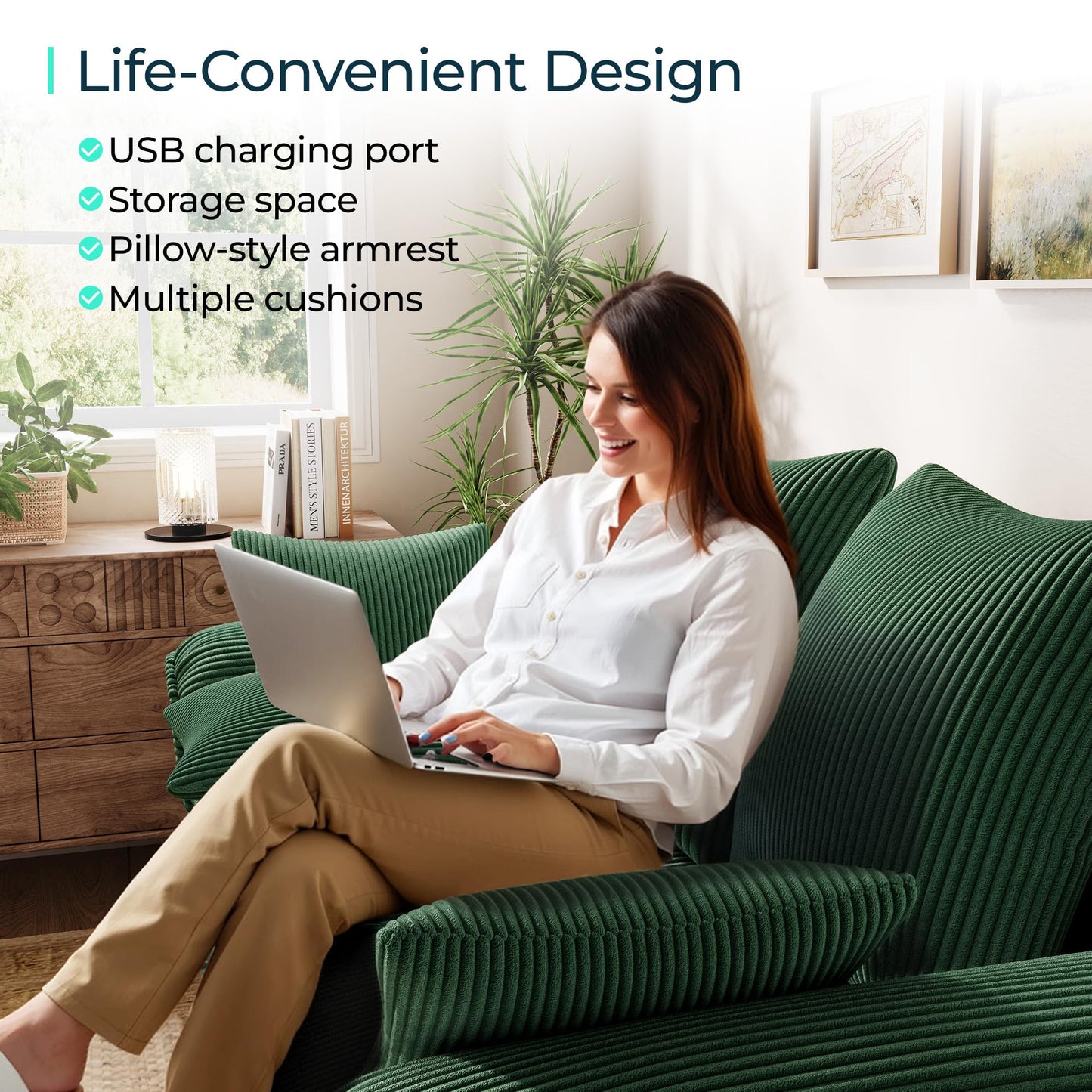 LINSY HOME Sectional Loveseat Sofa with Pull Out Chaise (Green, 62.5'')