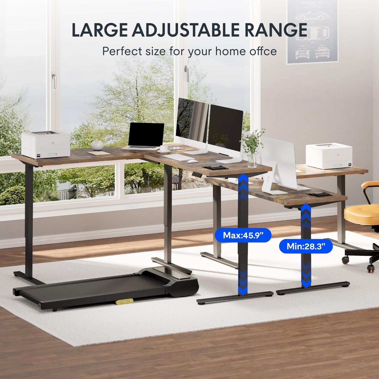 FLEXISPOT L Shaped Standing Desk, 63 x 47 Inch Electric Height Adjustable Corner Desk, Sit Stand Computer Workstation, Preset Controller, Home Office, Black Frame with Rustic Brown Top