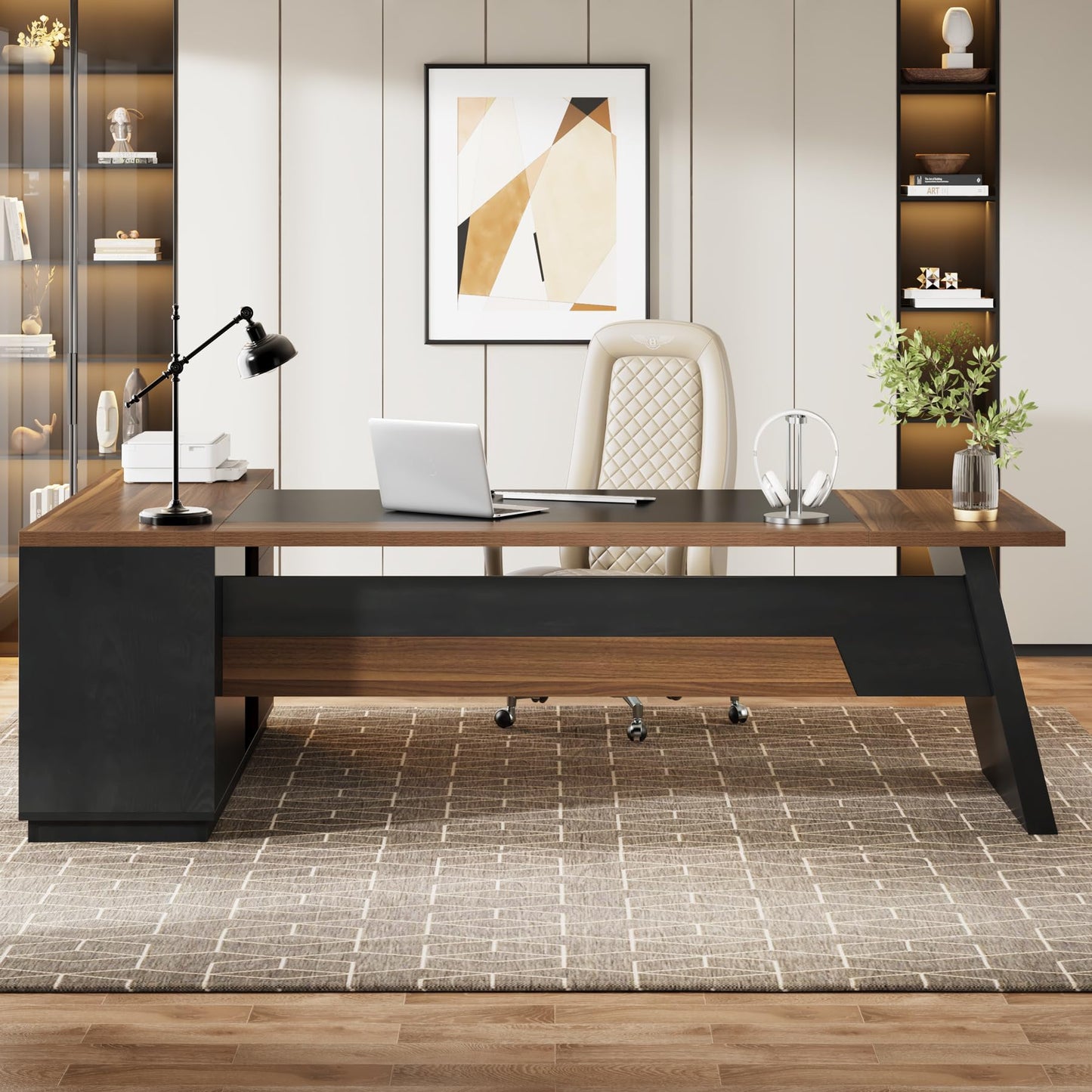 Tribesigns 78" L-Shaped Executive Desk, Extra Large Modern Office Desk with Drawers and File Cabinet, Business Furniture with Storage Shelves, Big Computer Desk for Home Office (Light Walnut + Black)