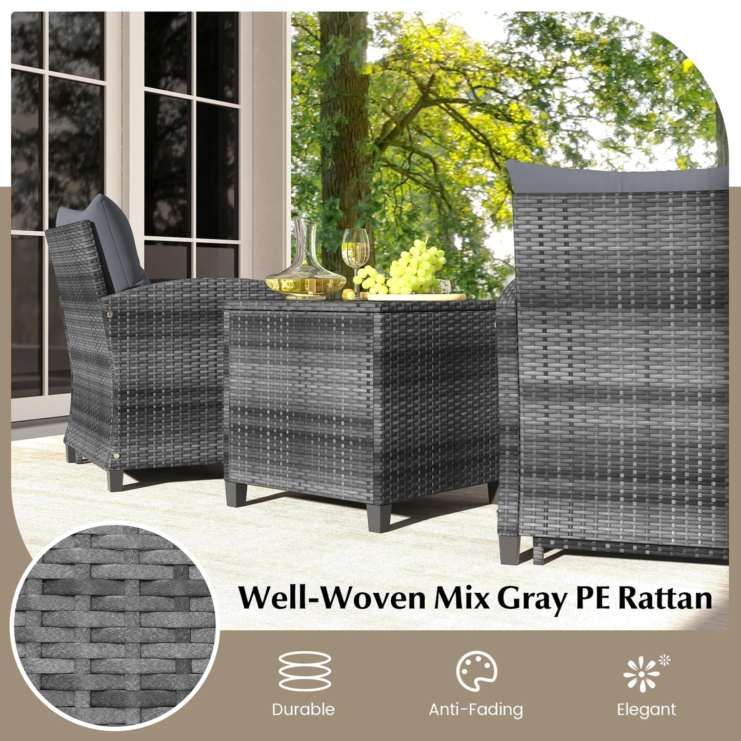 Tangkula 5 Pieces Patio Conversation Set, PE Wicker Rattan Outdoor Furniture Set with 2 Chairs, 2 Ottomans & Tempered Glass Coffee Table, Ideal for Poolside, Backyard, Lawn, Deck, Grey