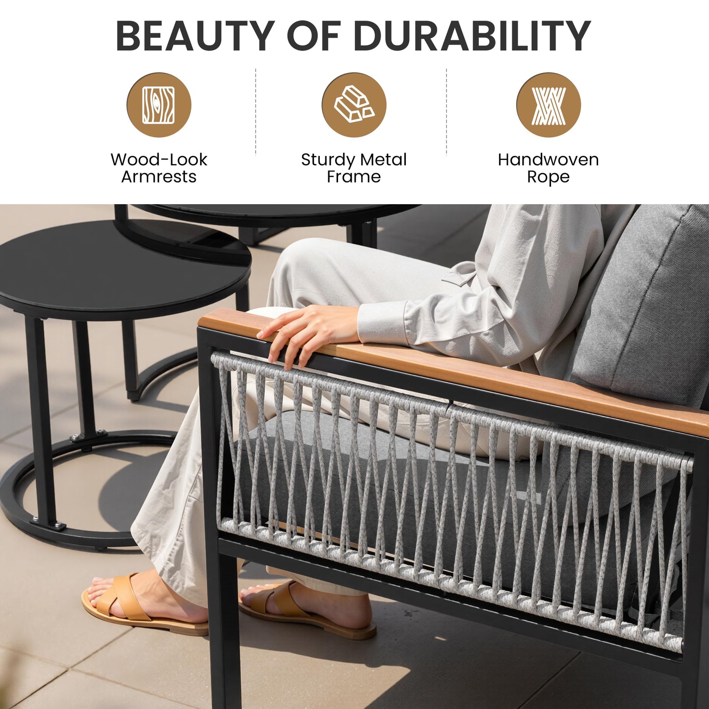 Crestlive 6 Piece Patio Furniture Set, Modern L-Shaped Outdoor Sectional Sofa with Nesting Tables, 4 Inch Thick Cushion, All Weather Resistant Outdoor Furniture Set for Backyard Patio Garden