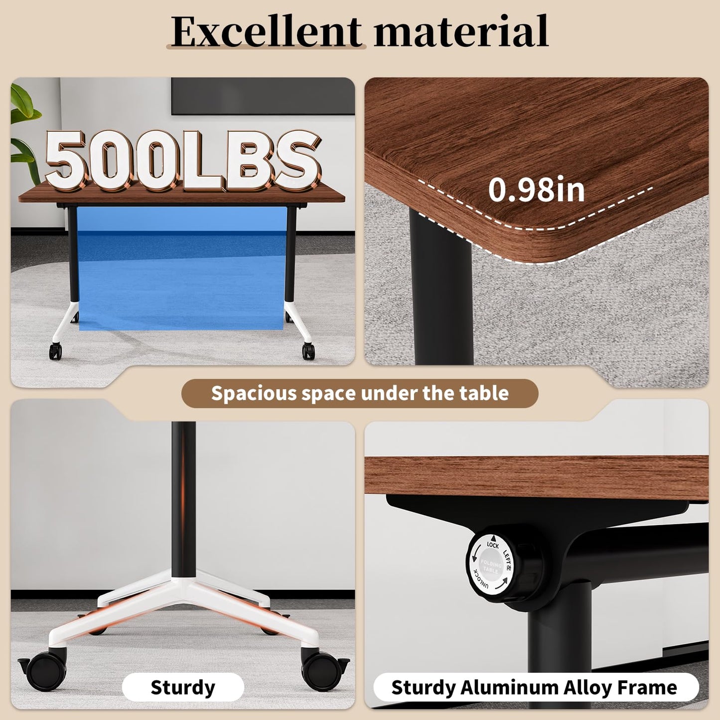 Modular Folding Conference Table with Wheels,4 Pack Mobile Conference Room Tables,Filp Top Rolling Meeting Training Tables for Office,Classroom,Library,Seminar,Boardroom,school(4pack,Walunt,47in)