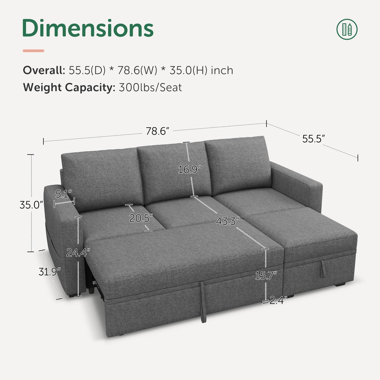HONBAY Modular Sectional Sleeper Sofa with Pull Out Bed, L Shaped Couch with Storage Seat, Modular Sectional Couches for Living Room - Dark Grey