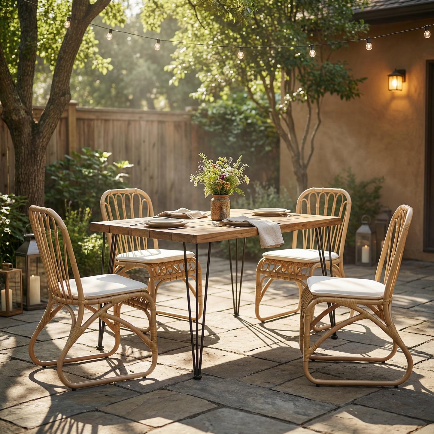 Christopher Knight Home Busby Acacia Wood Patio Dining Set for 4, Square Patio Dining Table and PE Wicker Chairs Set of 4, 5 Piece Outdoor Dining Set with Cushion, Teak+Light Beige