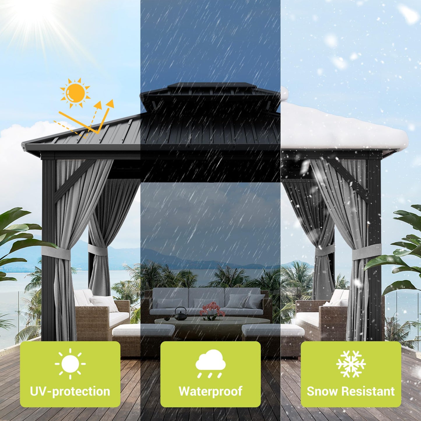 10x12FT Hardtop Gazebo, Heavy-Duty Aluminum Frame Canopy with Galvanized Steel Double Roof, Outdoor Pergola with Mosquito Netting & Waterproof Curtains for Patio, Backyard, Deck & Lawn