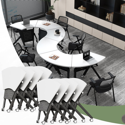 JFazzruit Folding Conference Table,Fan-Shaped Conference Room Tables with Wheels, Mobile Modular Seminar Meeting Desk for Classrooms,Office & Seminar (8, Fan-White)