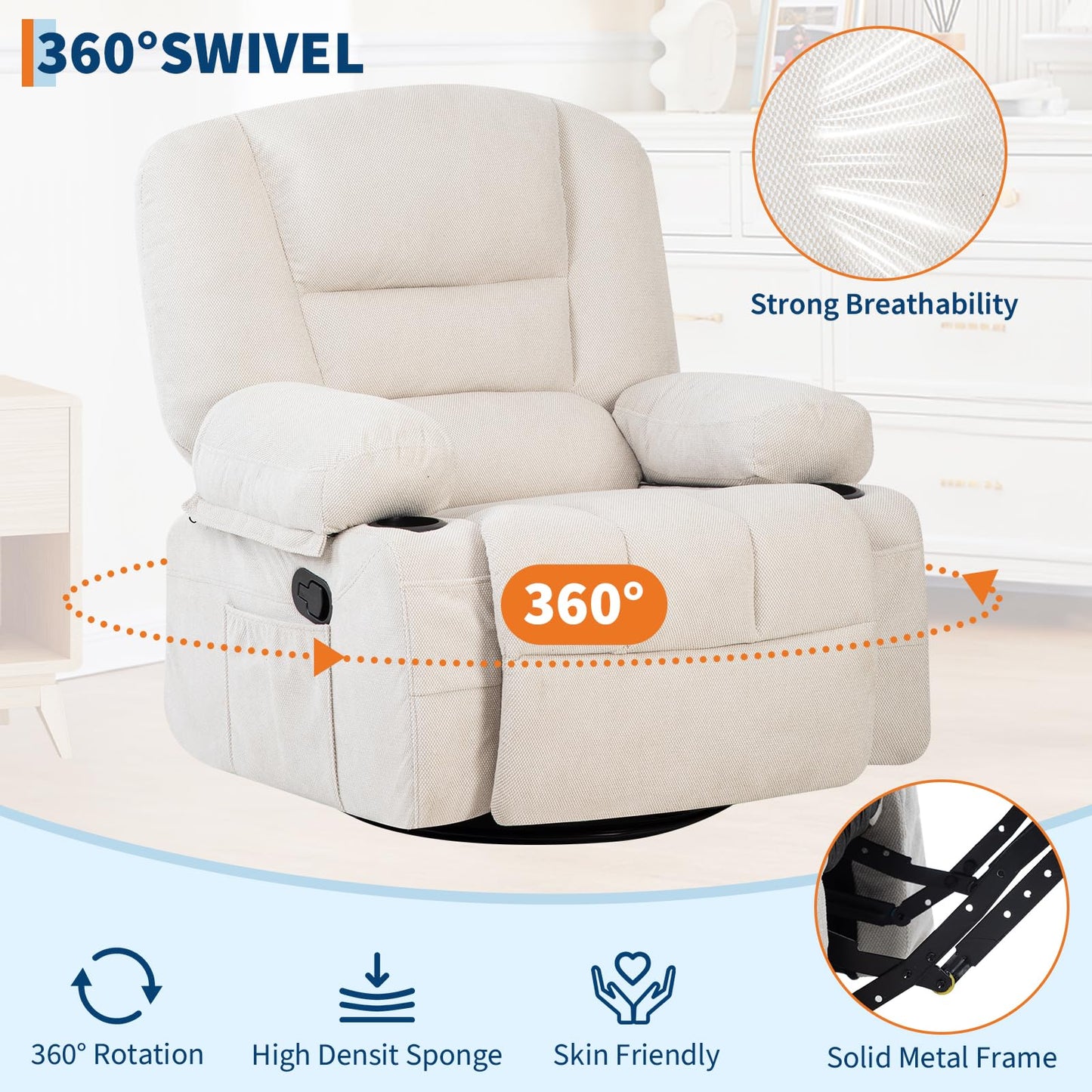 GarveeHome Oversized Wide Recliner Chair-Heat and Vibration Massage, 360° Swivel Rocker Chair for Adults,Chenille Fabric Manual Recliner with Cup Holders & Side Pocket for Living Room, Bedroom,White