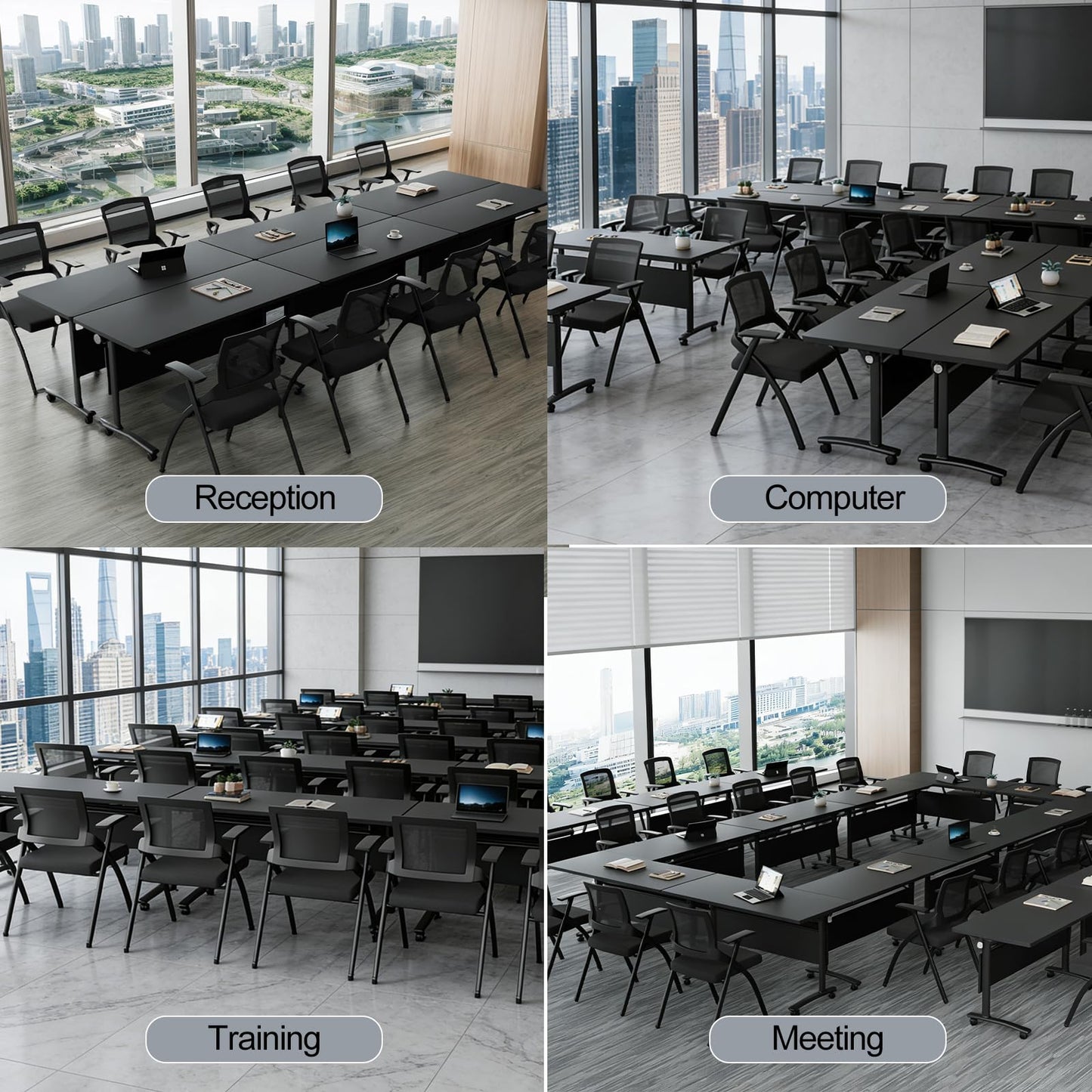 Conference Room Table with Wheels 6ft Folding Modular Large Black Conference Table Foldable Modern Rectangle Training Meeting Tables for Classroom Office(6, Black, D 55")