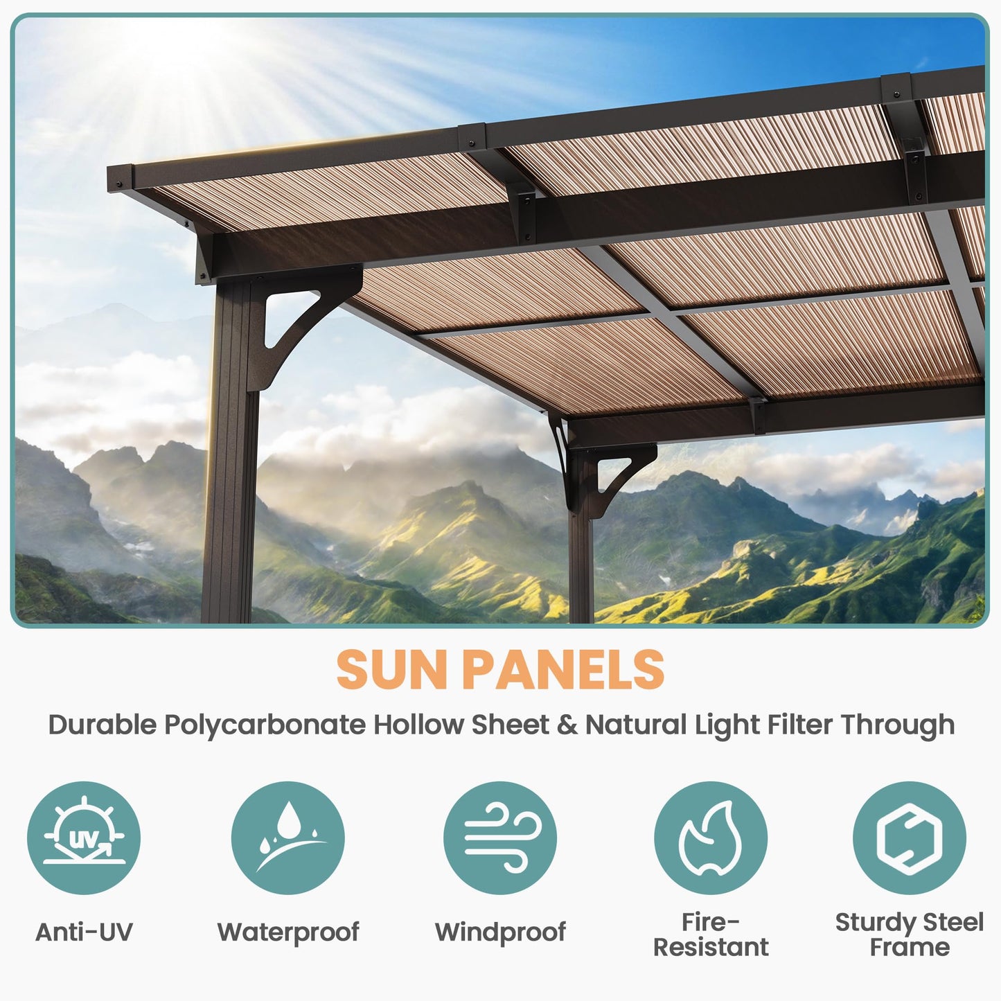 Pamapic 10x12FT Wall Mounted Gazebo, Hardtop Lean to Gazebo with Aluminum Frame & UV Resistant Polycarbonate Roof, Outdoor Patio Awning for Deck, Porch, Lawn & Backyard